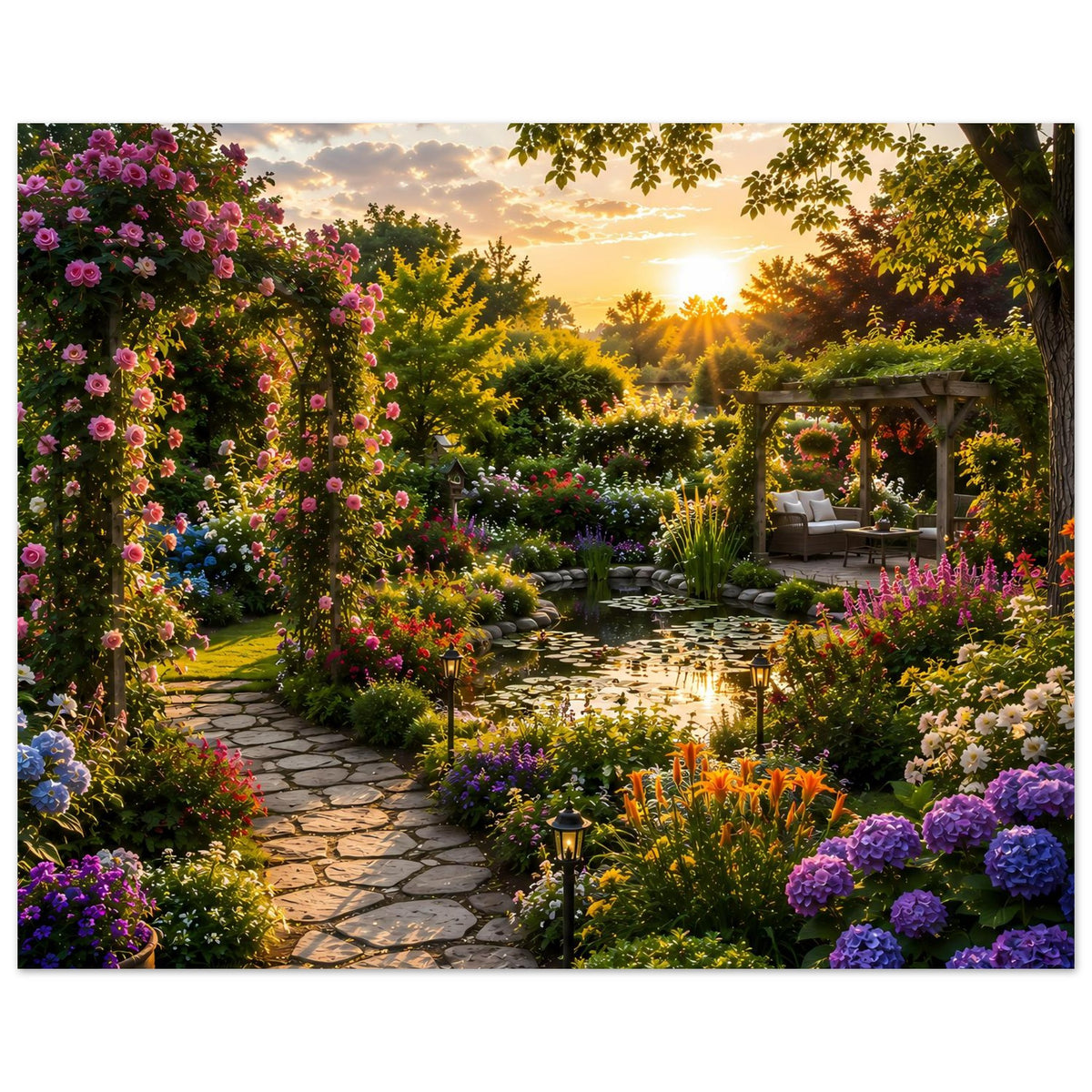 Gartenposter auf Premium-Mattpapier mit blühenden Beeten, Laterne am Weg und Gartenpavillon