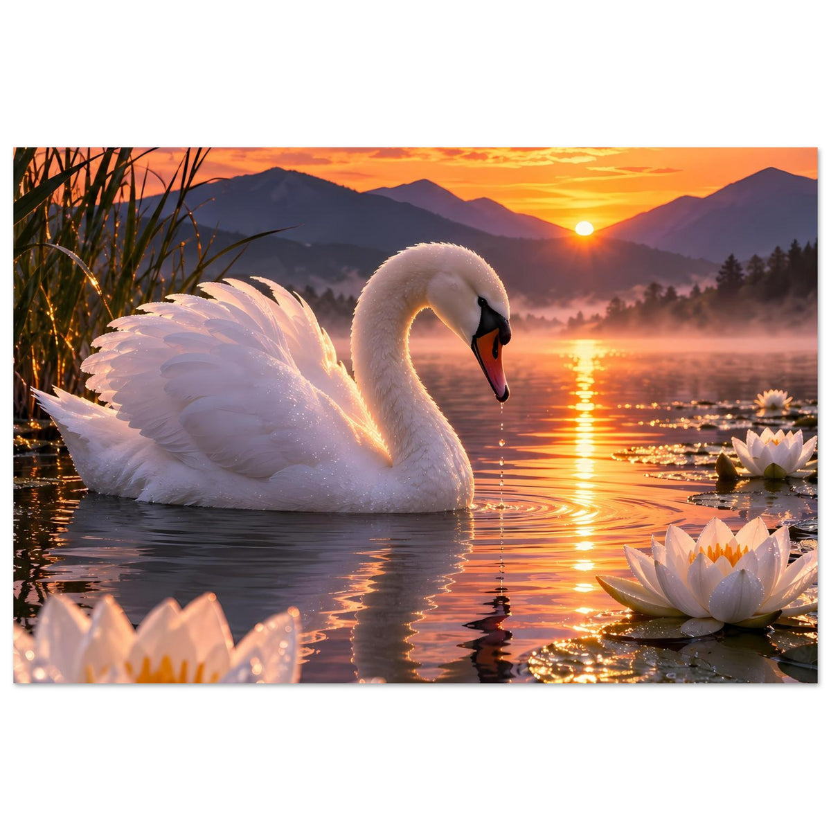 Poster mit weißem Schwan auf der Wasseroberfläche, Seerosen und Uferpflanzen