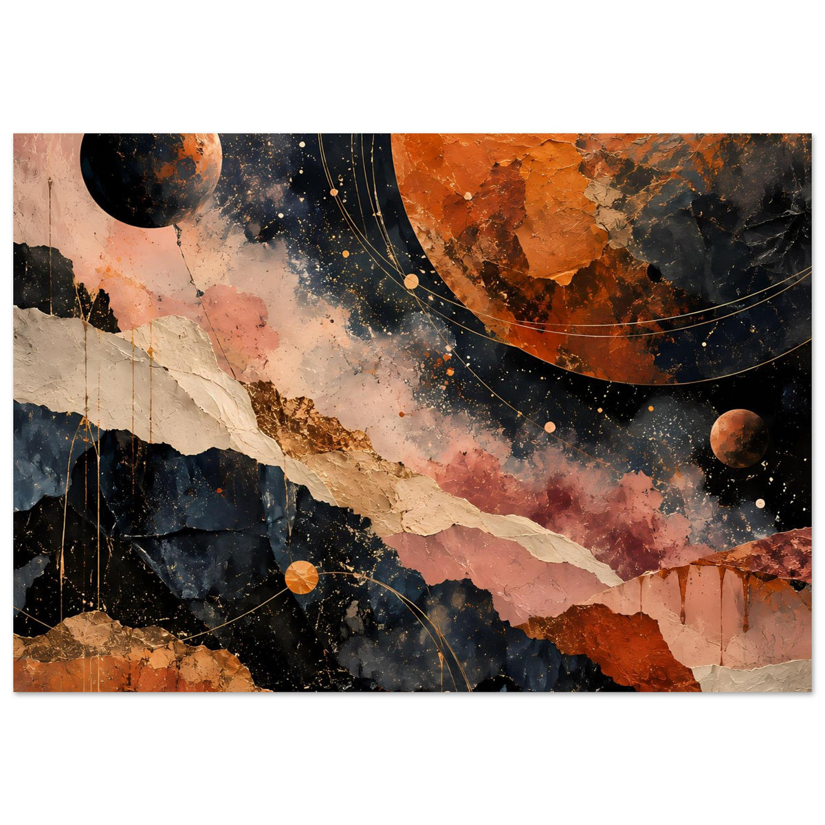 Kosmos-Landschaftsposter in warmen Erdtönen, horizontale Komposition mit Planeten und Bahnen