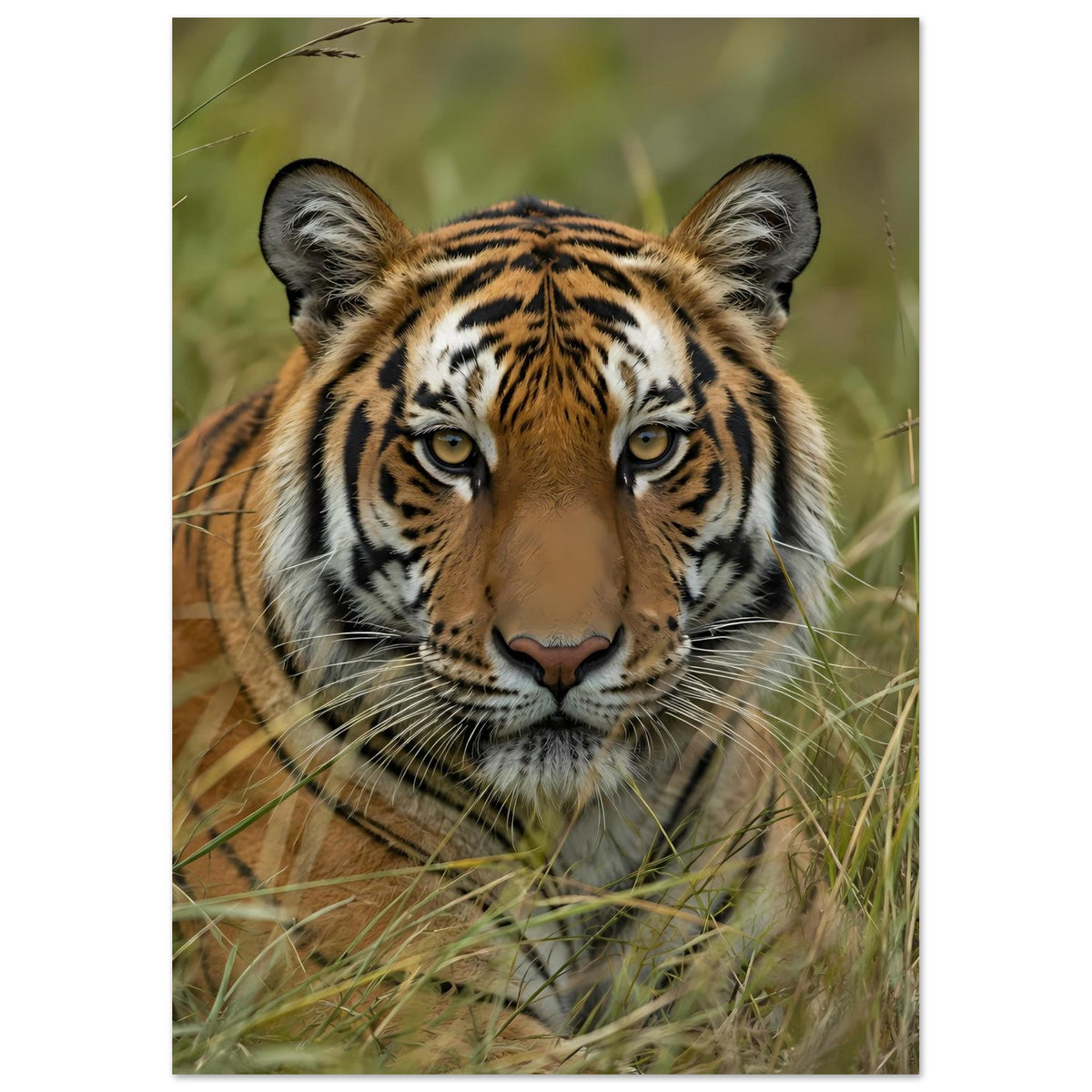 Wildtierposter mit Tiger im Gras, direkter Blick, Ohren und Schnauze im Fokus
