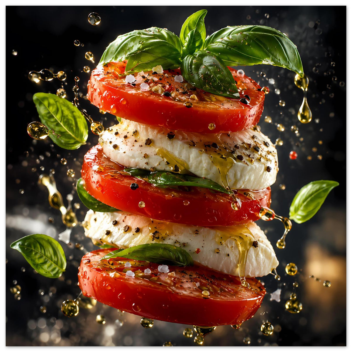 Küchenposter im Quadrat: Stapel aus Tomaten, Mozzarella und Basilikum mit Tropfen