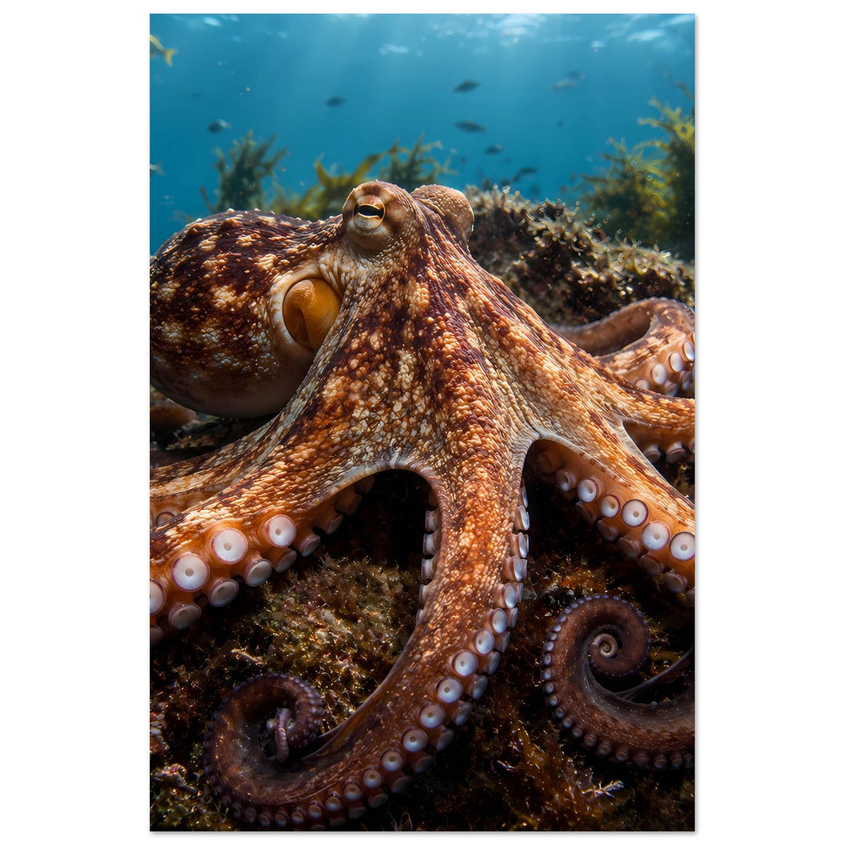 Poster im Hochformat mit braunem Oktopus und Korallenriff, Unterwassermotiv