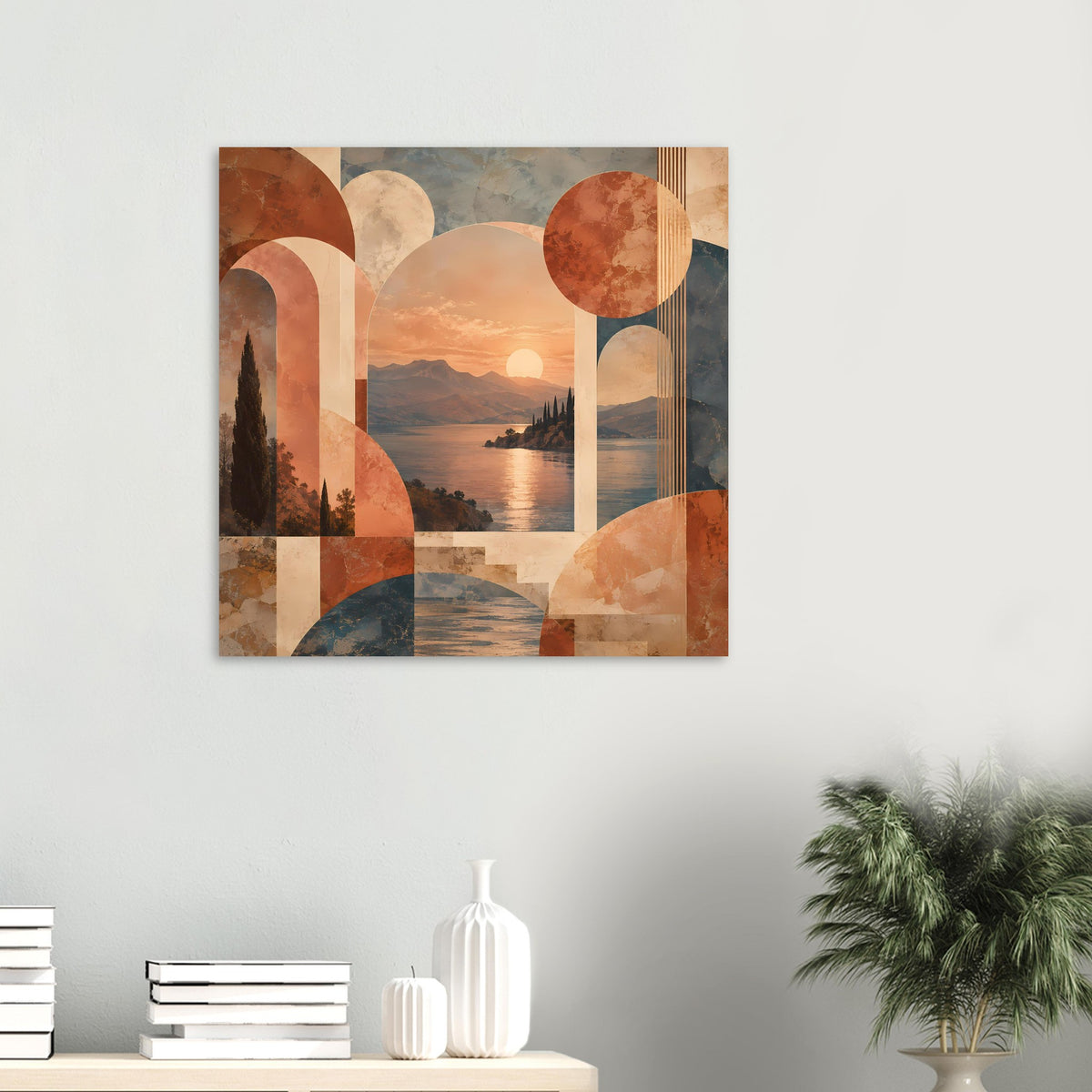 Abstraktes Poster im Quadratformat mit warmen Erdtönen, Sonnenuntergang und Kreis-Details