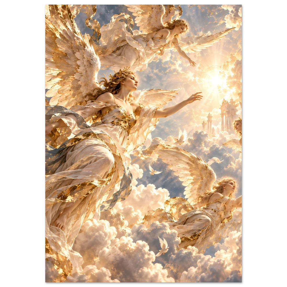 Premium-Mattposter hochkant: Engel mit goldenen Flügeln, Lichtglanz und Wolken im Artwork
