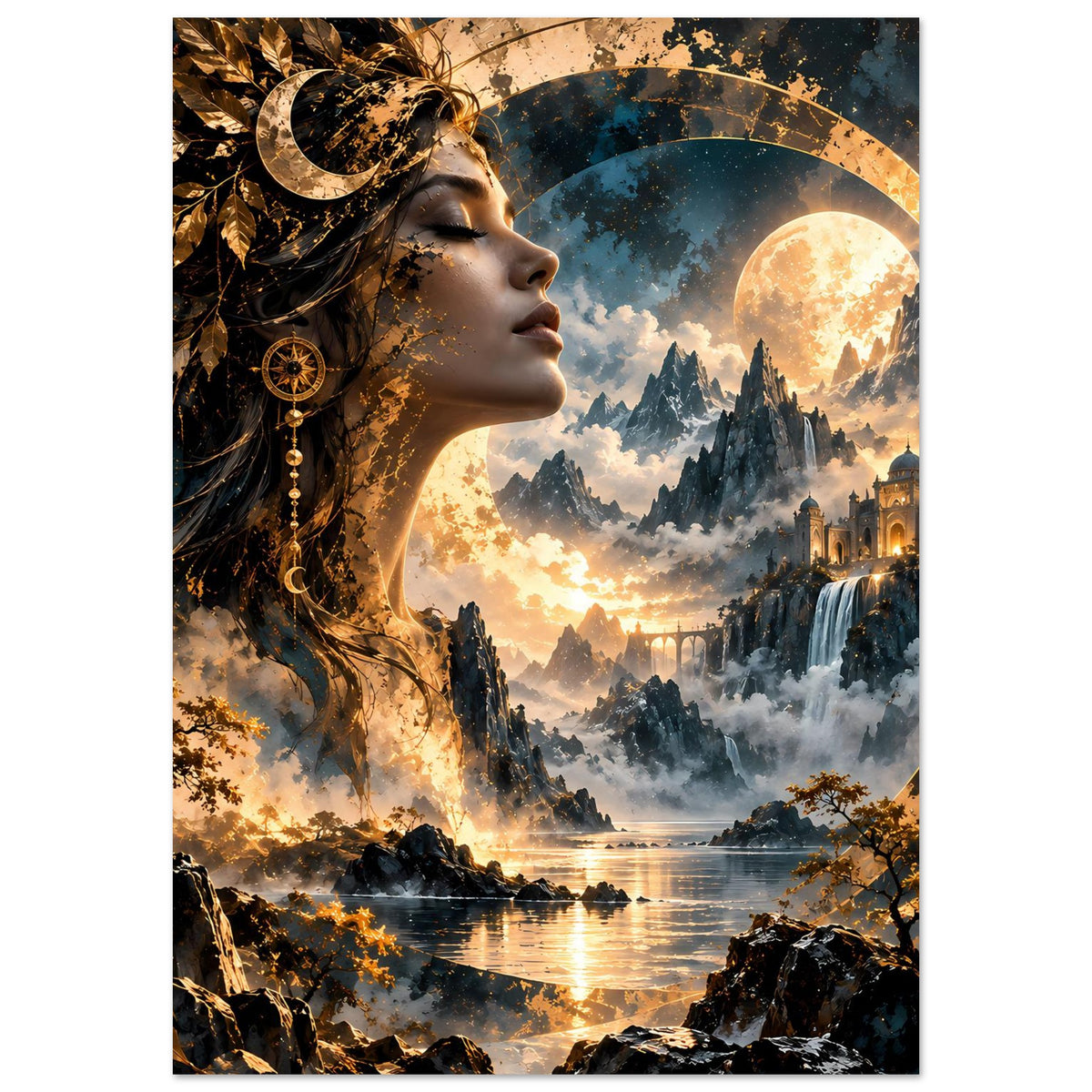 Vertikales Poster mit Frauenprofil, goldenen Kronen-Elementen und Mond über Bergen