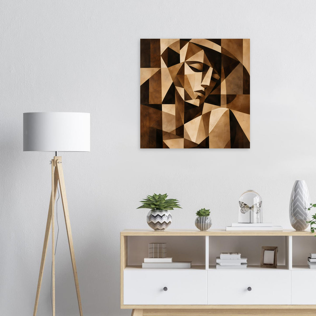 Kubistisches Kunstposter mit kubistischen Dreiecken und Porträt in Braun/Beige