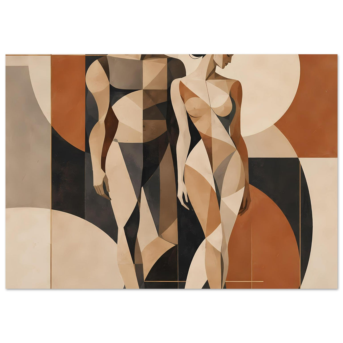 Poster-Ausschnitt mit geometrischem Paar: zwei Aktfiguren, beige, braun und dunkelgrau