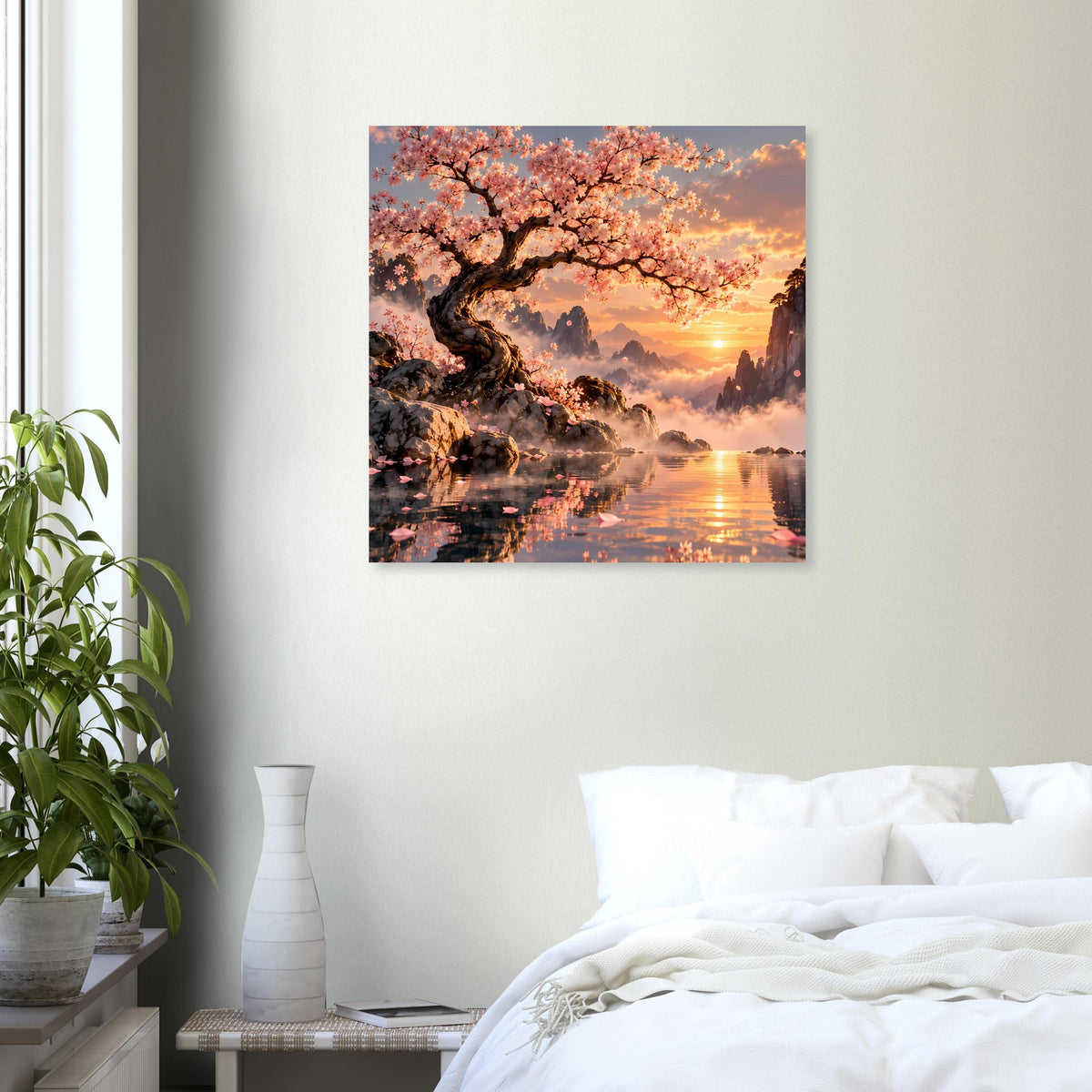 Quadratisches Wandposter mit Kirschbaum in Blüte, Abendhimmel und Wasserreflexion