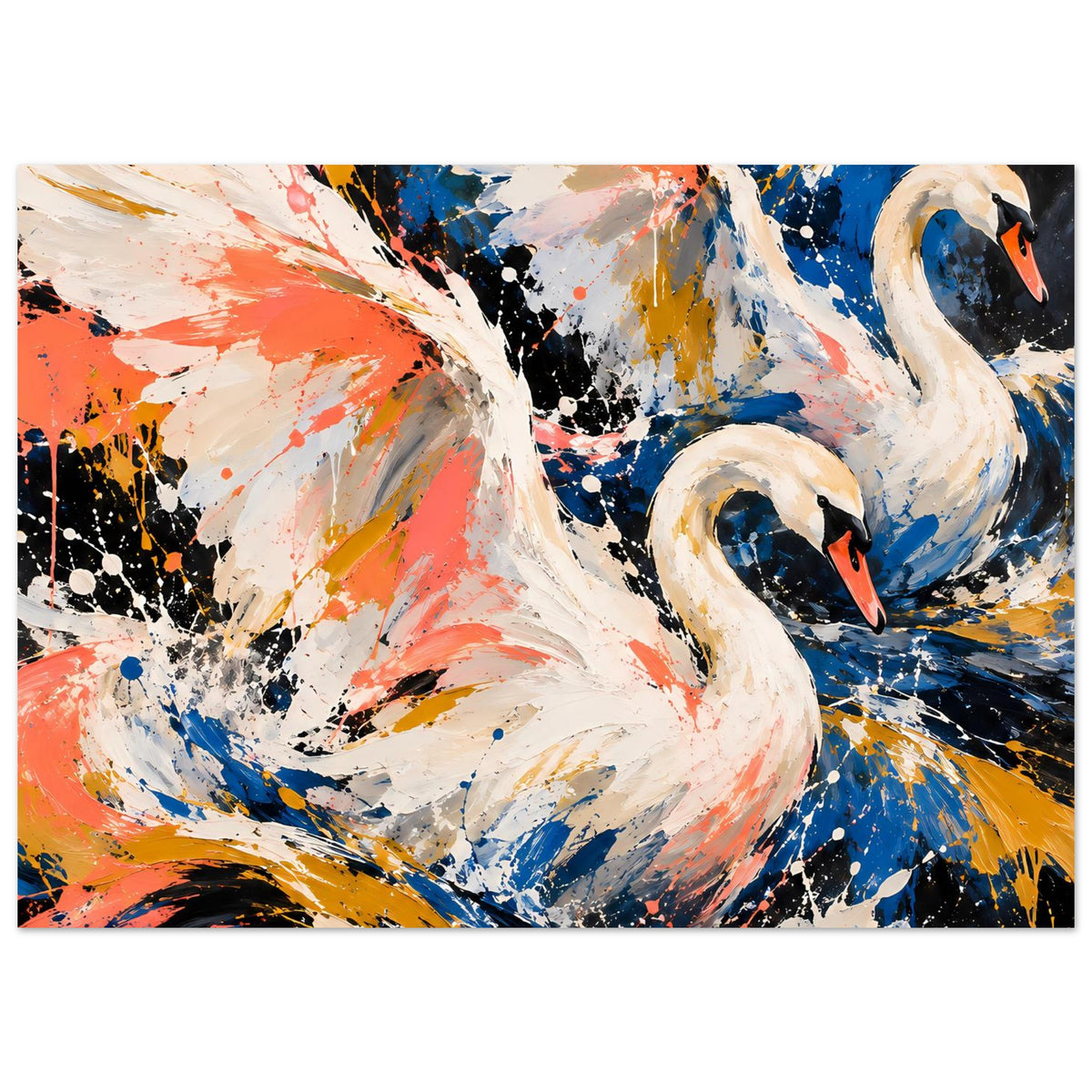 Kunstposter mit zwei weißen Schwänen, abstrakt gemalt mit Spritzpunkten in Blau und Koralle