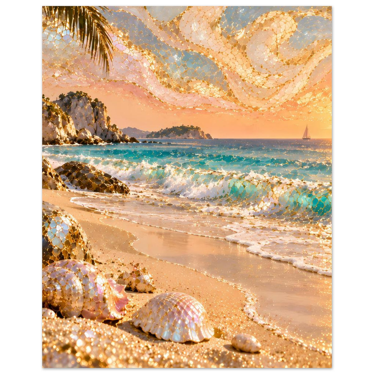 Poster Strandmotiv mit goldenen Mosaik-Akzenten: Muscheln, türkisfarbenes Meer