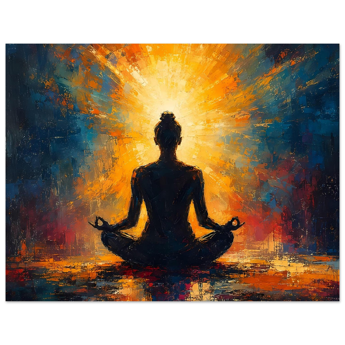 Hochkant-Poster mit dunkler Meditationssilhouette, leuchtendem Lichtkegel und bunten Farbflächen