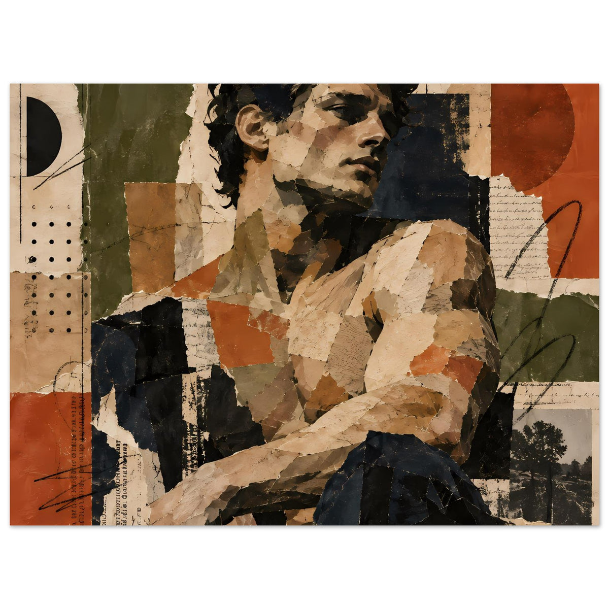 Wandposter mit abstraktem Porträt-Collage, Patchwork-Flächen in Braun-Grün-Kontrasten