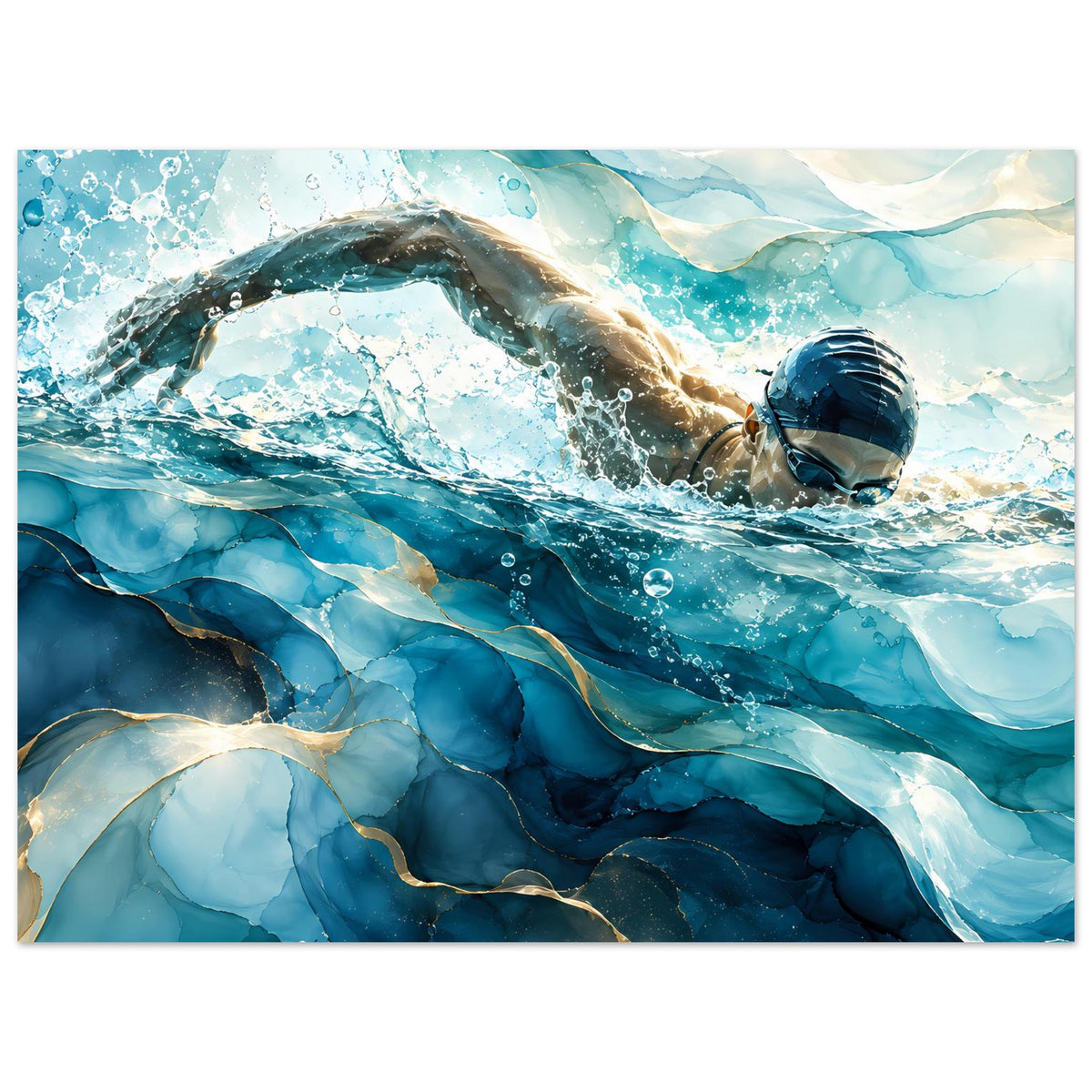 Poster im Querformat: tauchender Schwimmer mit Taucherbrille, Wasserwirbel und Spritzer
