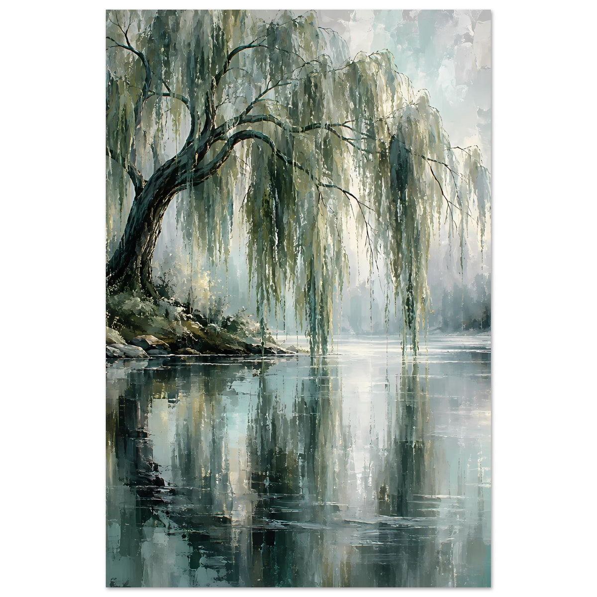 Hochformat-Poster mit Weiden am See, dunkler Baumkrümmung und Reflexionen