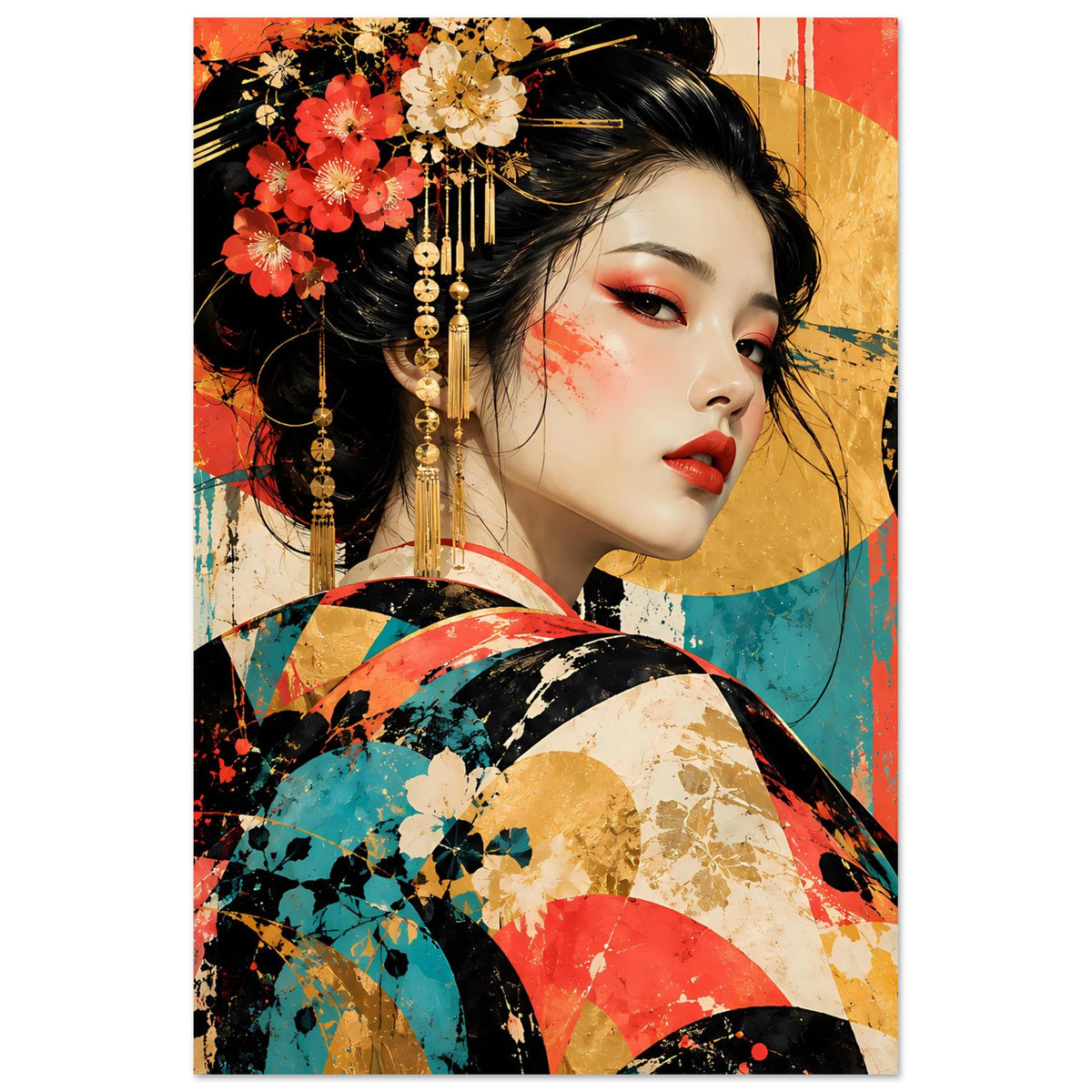 Geisha-Kunstposter mit seitlichem Porträt, floralem Haar-Schmuck und gemustertem Kimono