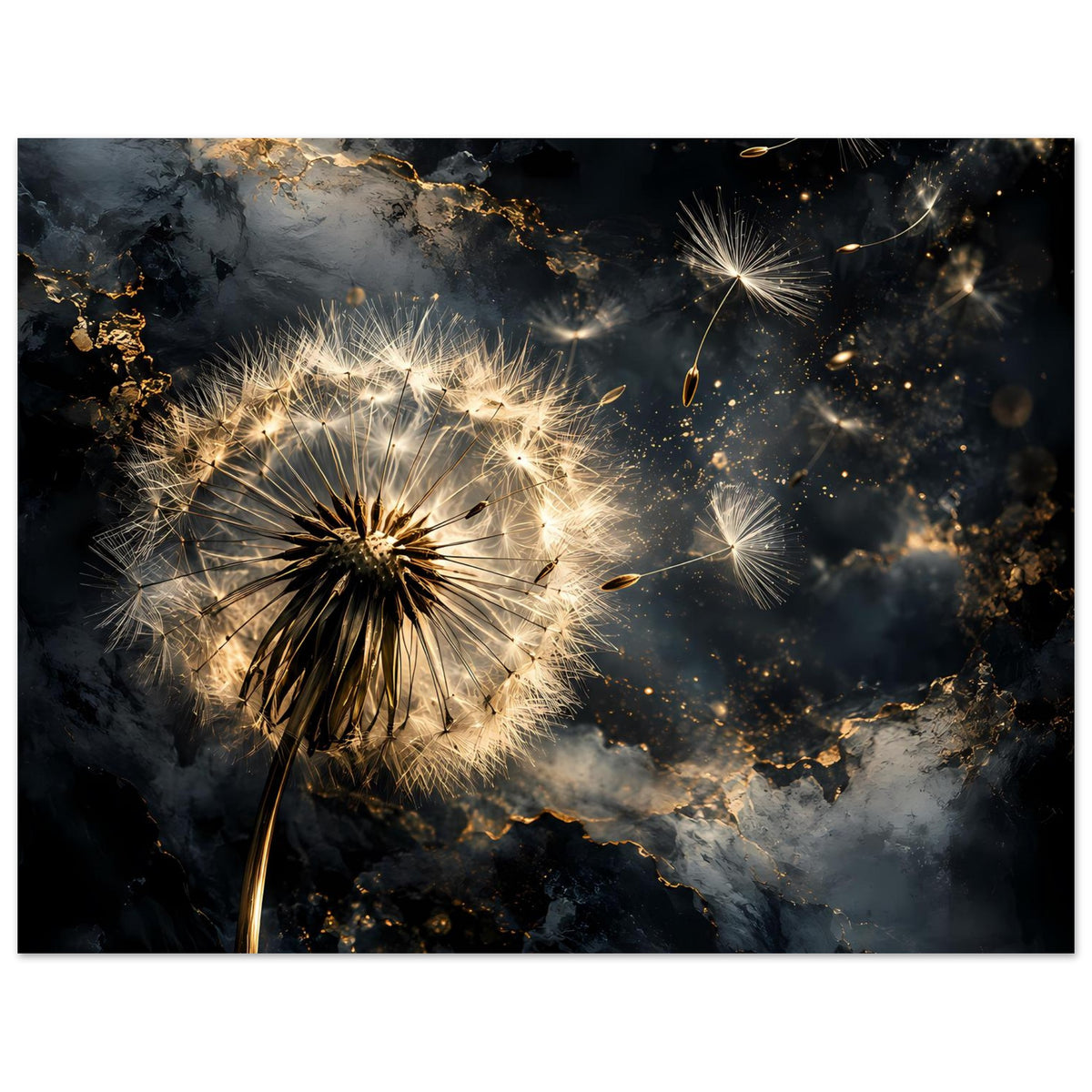 Premium-Mattposter: gold leuchtende Pusteblume mit Funken auf dunklem, marmoriertem Design
