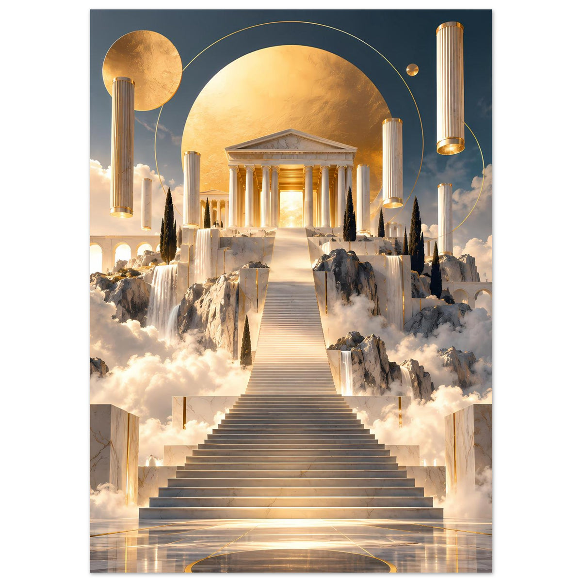 Wandposter: goldene Tempelsäulen, lange Treppe durch Wolkenlandschaft mit Lichtdetails