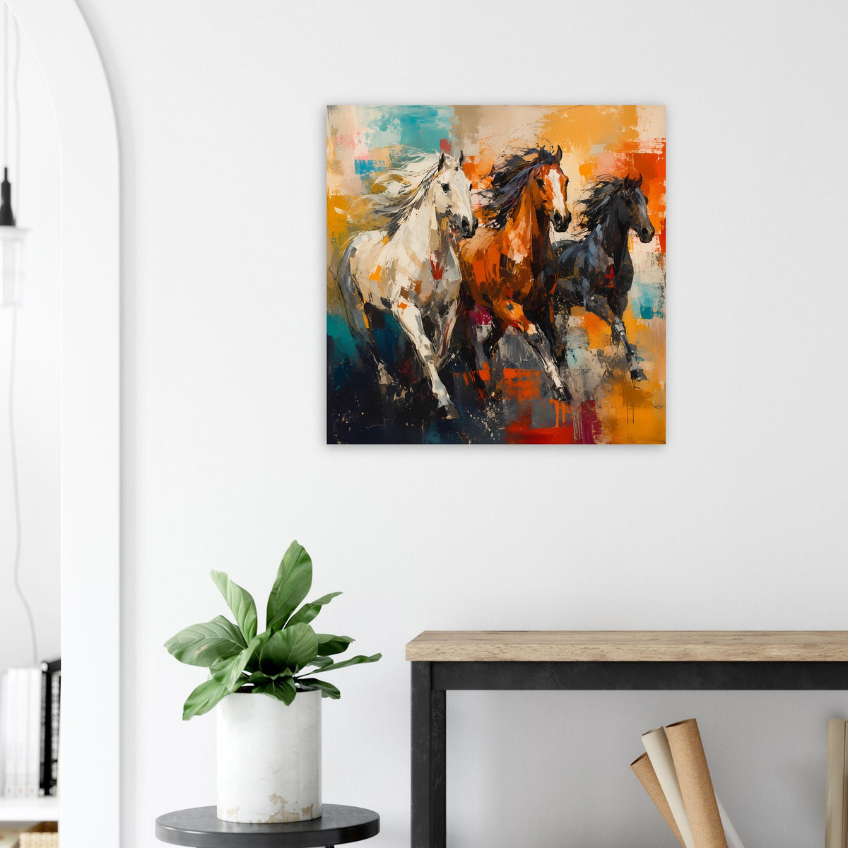 Poster mit drei galoppierenden Pferden, lebendige Pinselstriche in Orange und Blau