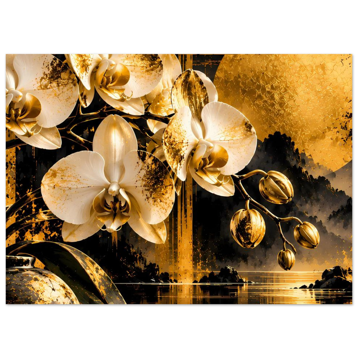 Orchideen-Premiumposter, horizontal: weiße Orchideenblüten und goldene Reflexionen