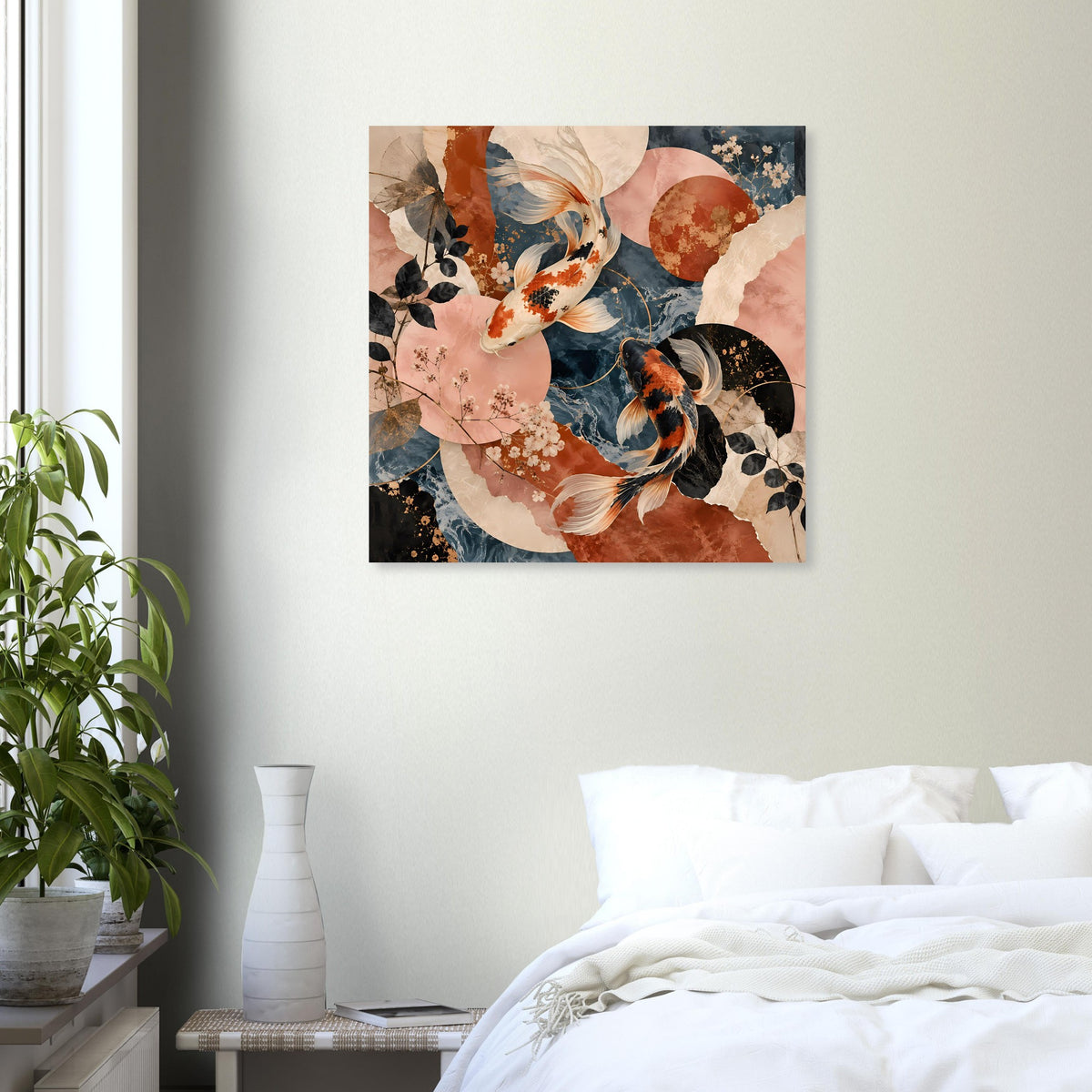 Gerahmtes Koi-Fische-Poster, zentraler Koi-Cluster in Terrakotta und Dunkelblau, quadratisch