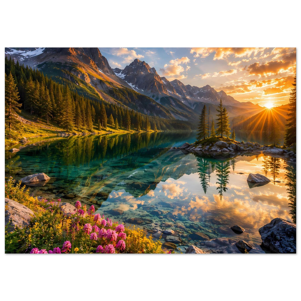 Kunstdruckposter mit Berglandschaft: Sonnenstrahlen, Flusslauf mit Spiegelung, Fichten und Felsen