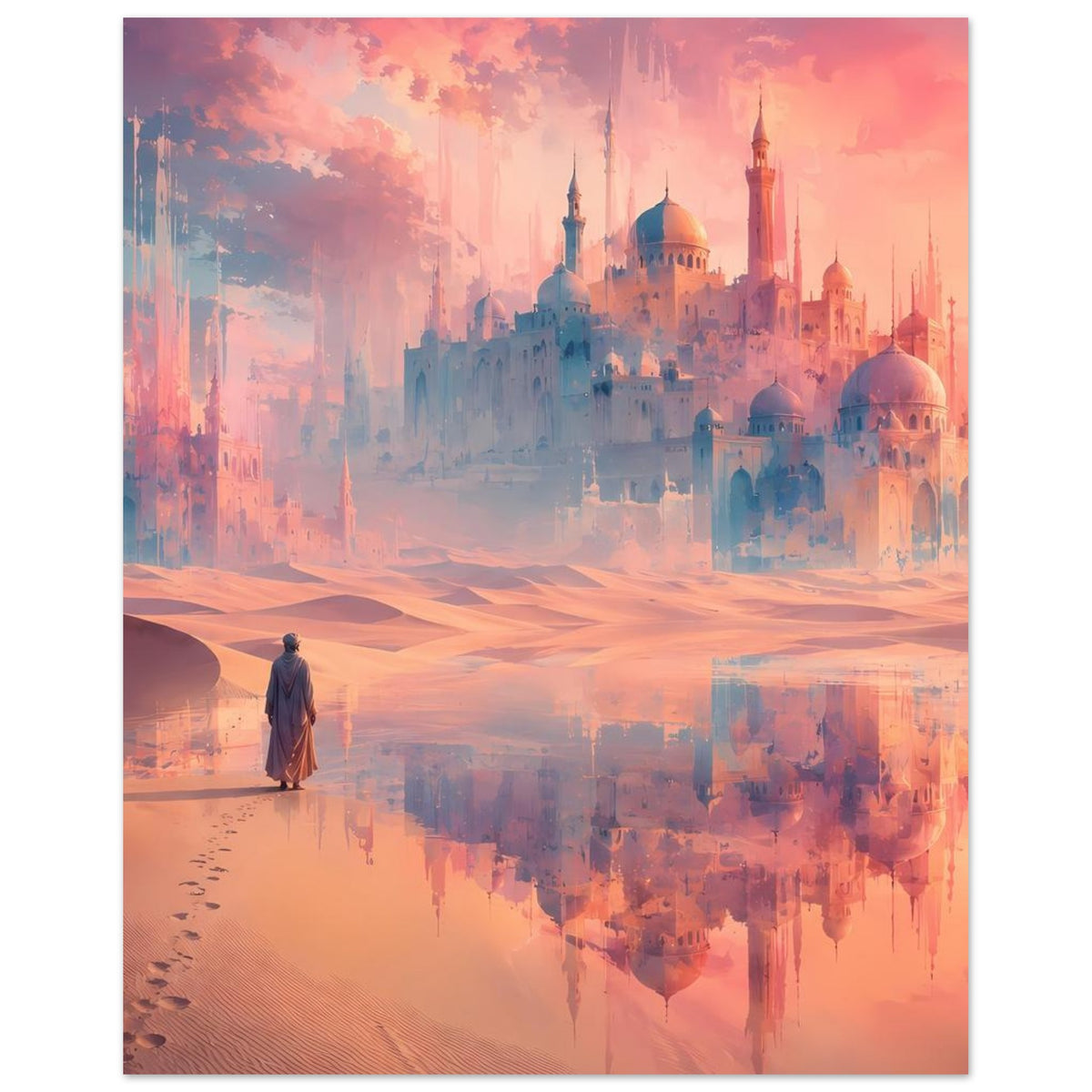 Wandposter mit großem Palastpanorama, Sanddünen, Figur und ruhiger Reflexion