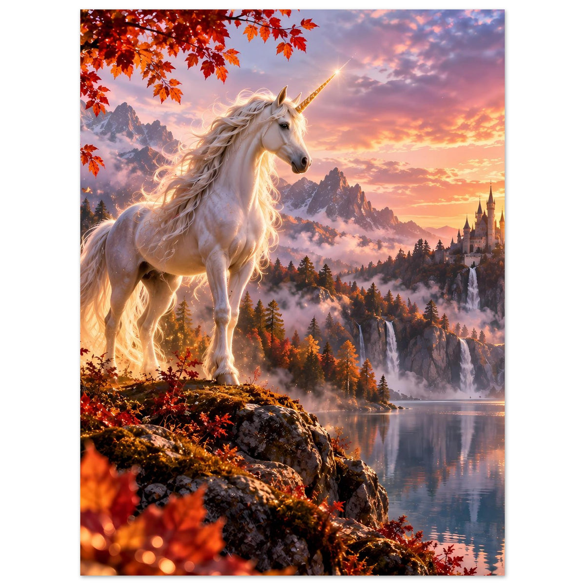 Einhorn-Fantasyposter, weißes Einhorn zwischen Herbstlaub und Schlosslandschaft
