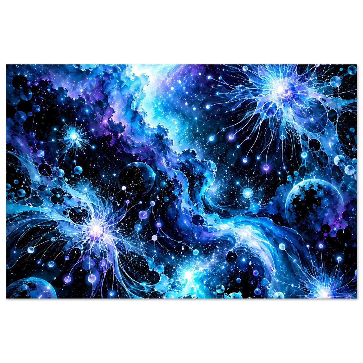 Galaktisches Poster mit Sternenstaub, Planeten und glühenden Lichtknoten im Blau