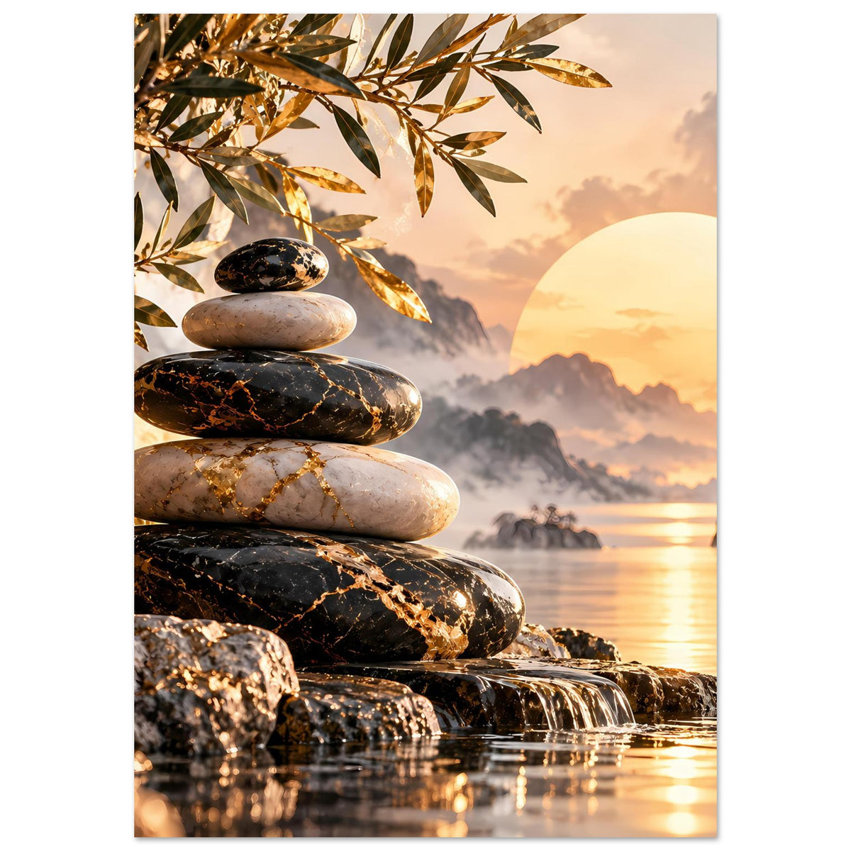 Vertikales Poster mit Steinstapel, goldenen Blättern, Sonnenkreis und spiegelndem Wasser im Hintergrund