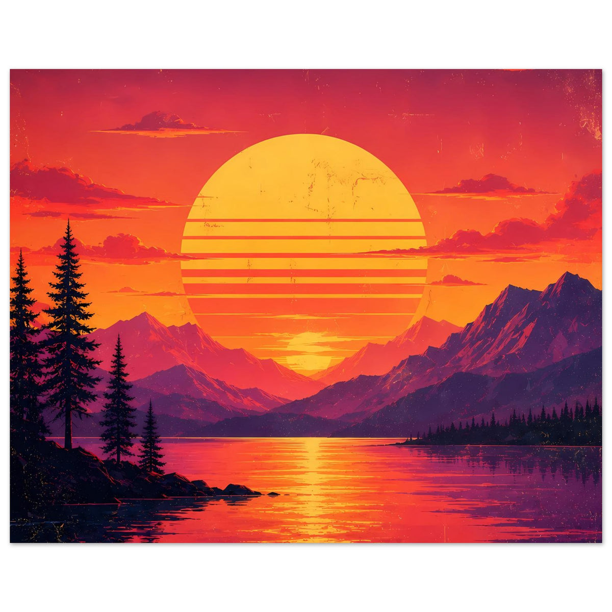 Poster mit Landschaft bei Sonnenuntergang: gelbe Sonne, Berge, Tannen und See