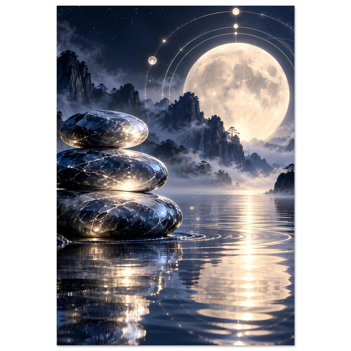 Wandposter (hochkant) zeigt Zen-Steine, Spiegelung im Wasser und Vollmond am Nachthimmel