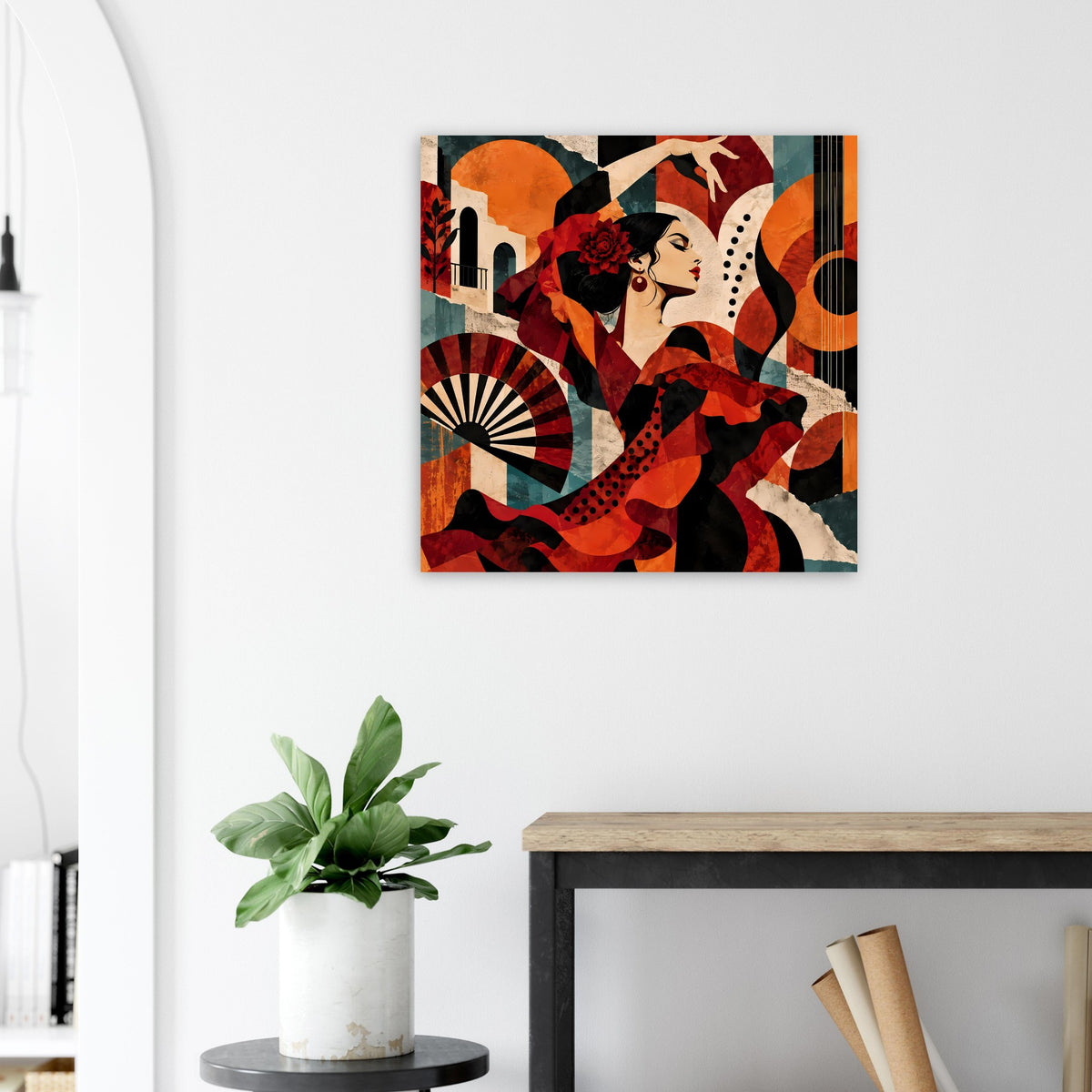 Flamenco-Tanzposter mit Tänzerin und Fächer, kräftige Rot-Schwarz-Grafik