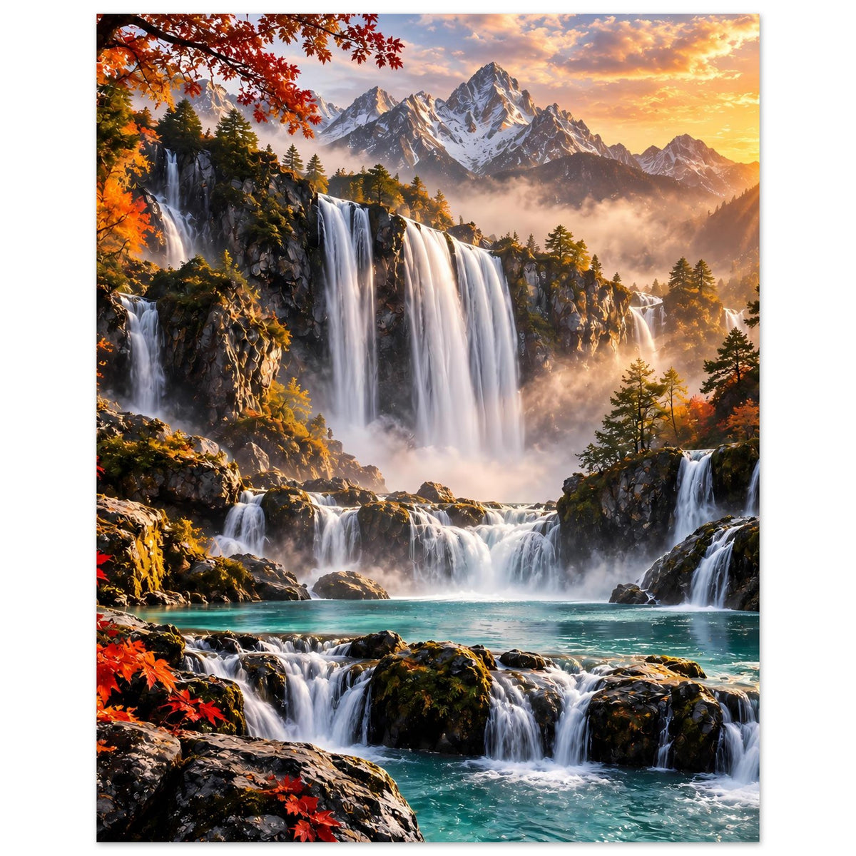 Poster mit Wasserfall zwischen Felsen, Tannenwald und Herbstfarben, goldenes Licht, Hochformat.