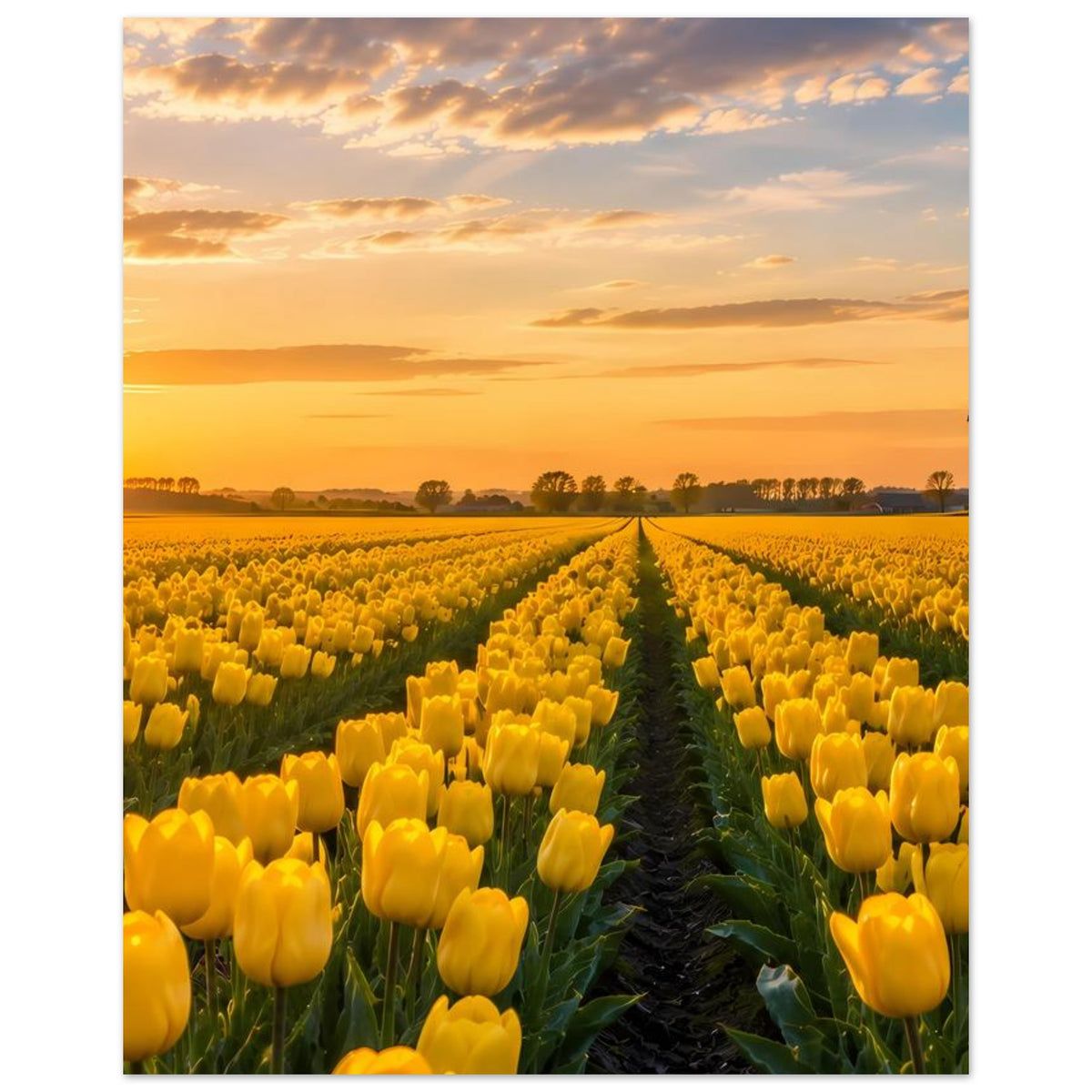 Poster mit gelben Tulpenreihen im Abendlicht und Windmühle in der Ferne