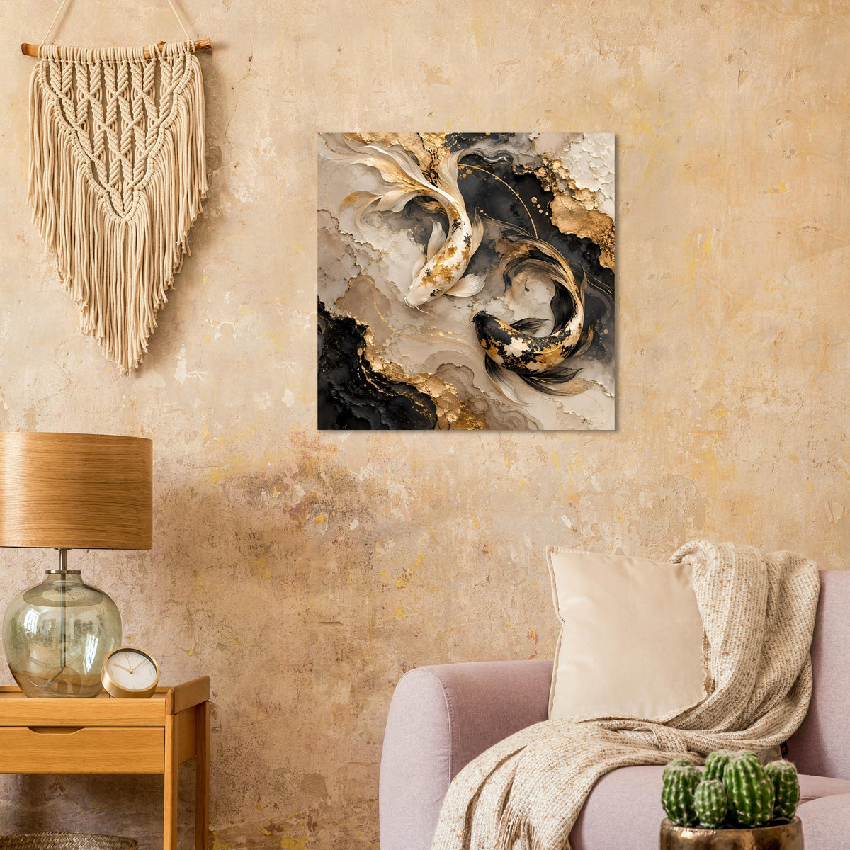 Kunstposter: goldene Koi-Fische in Wirbelstruktur auf dunklem Hintergrund, beige und goldene Akzente