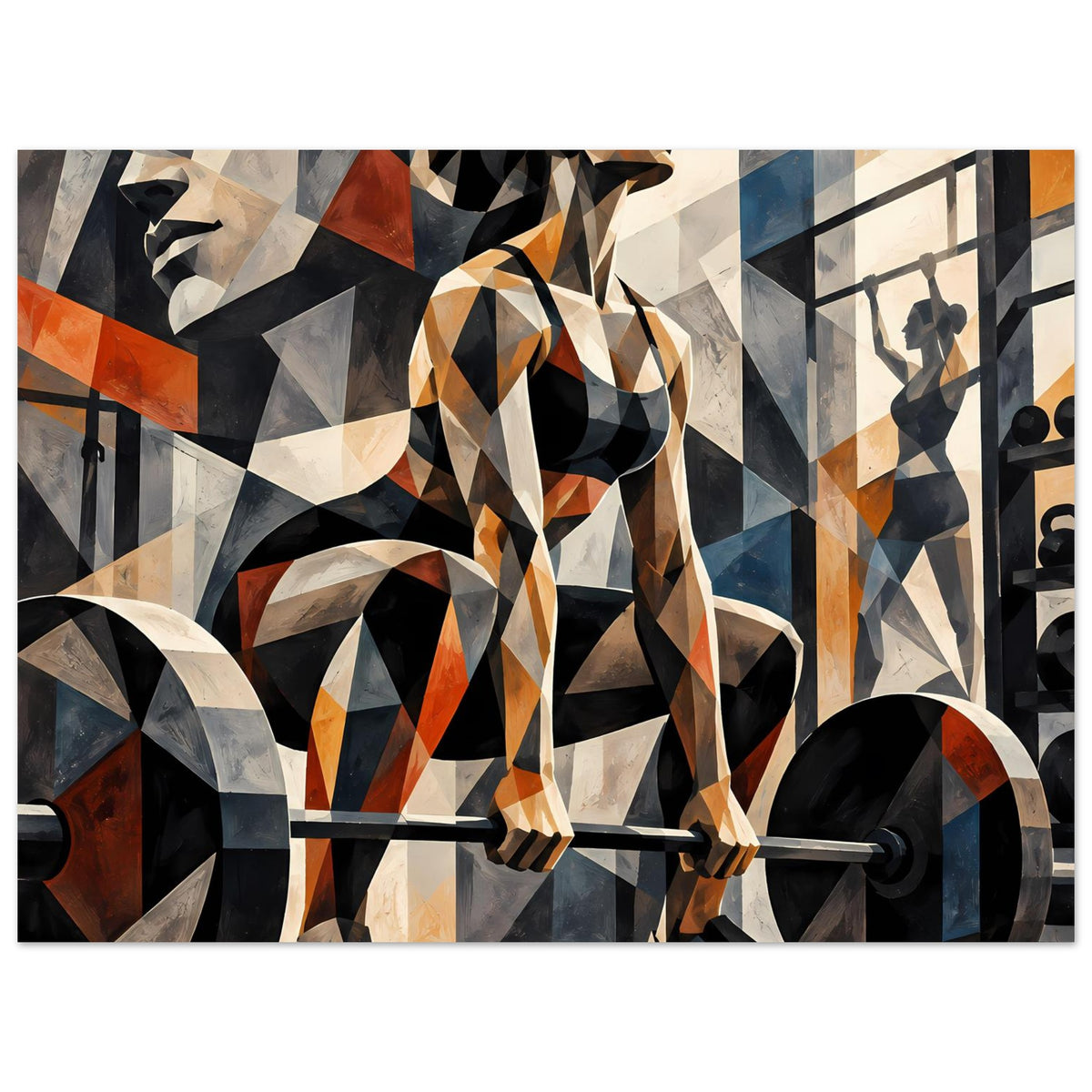 Abstraktes Fitness-Poster im Bildausschnitt: Sportlerin mit Langhantel und farbige geometrische Hintergründe.