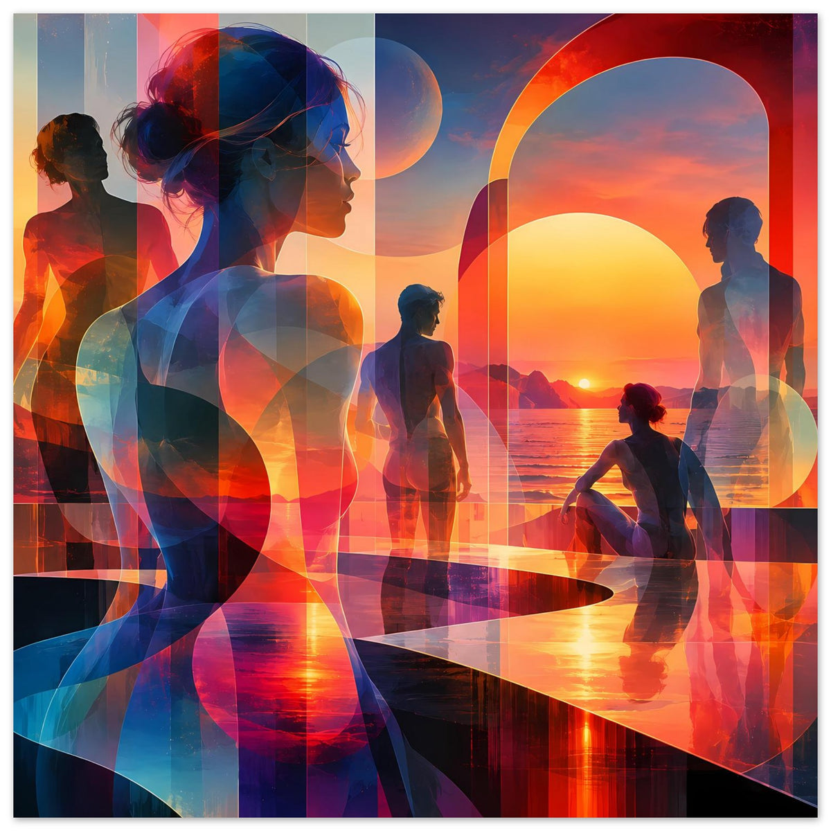 Kunstposter mit abstraktem Sonnenuntergang und Silhouetten, orange-blau, gerahmt