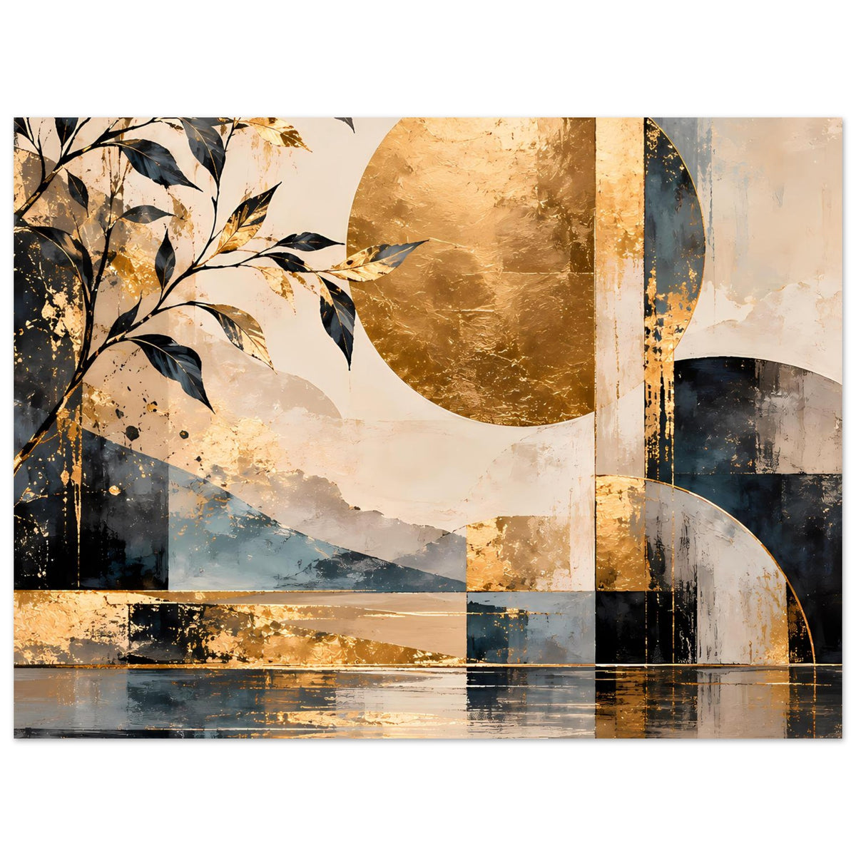Kunstposter mit goldenen Kreisbögen, blauen Linien, dunklen Rechtecken und Blattzweigen