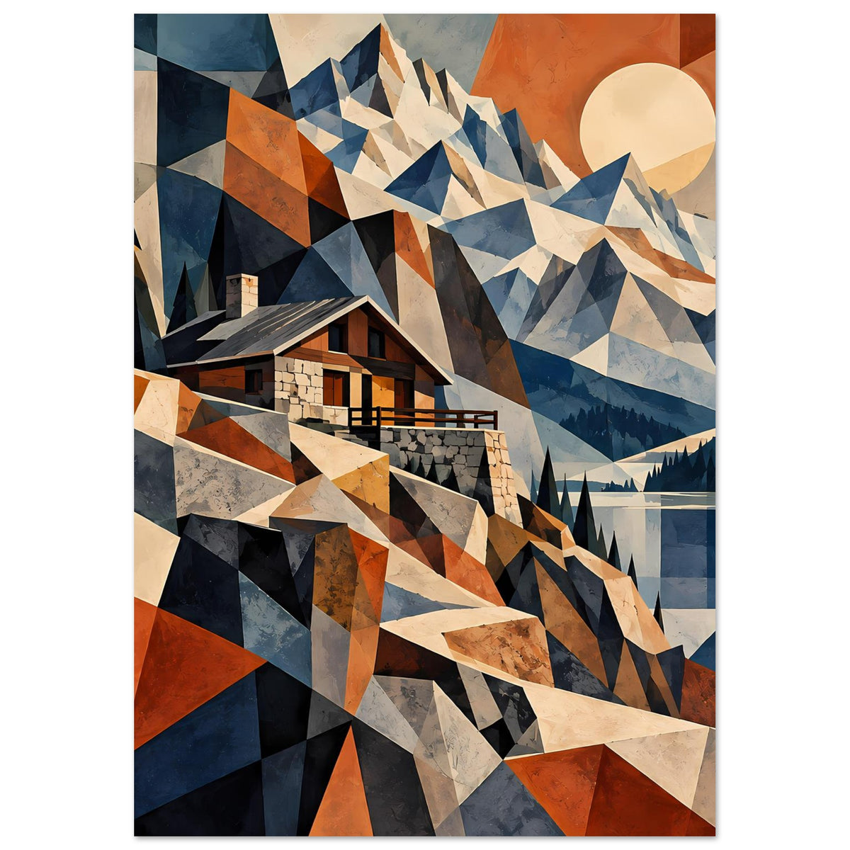 Geometrisches Berglandschafts-Poster mit Haus, Bergen und Kreis im Hintergrund in Blau