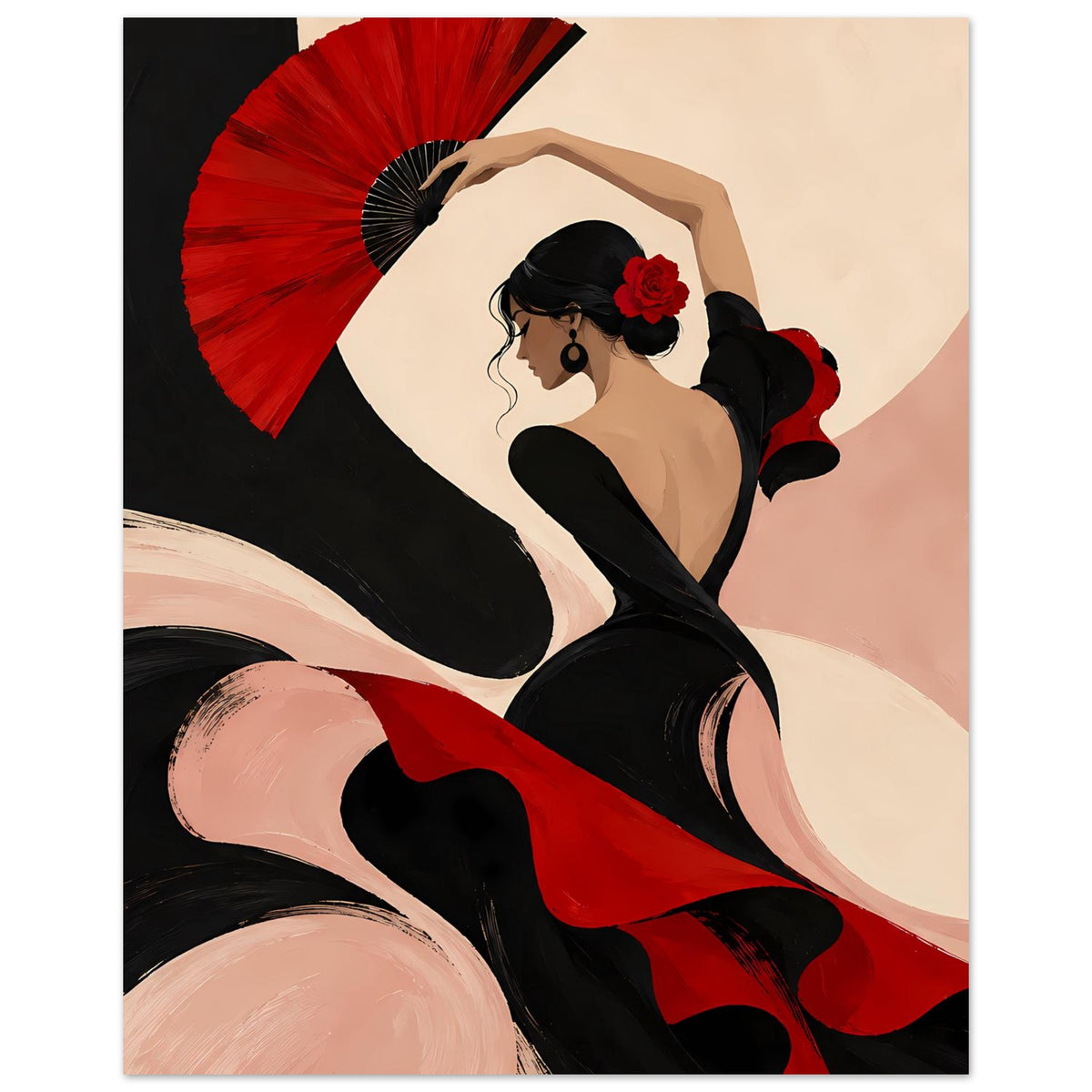 Flamenco-Tänzerin Poster: schwarze Tänzerin mit rotem Fächer und roter Blume