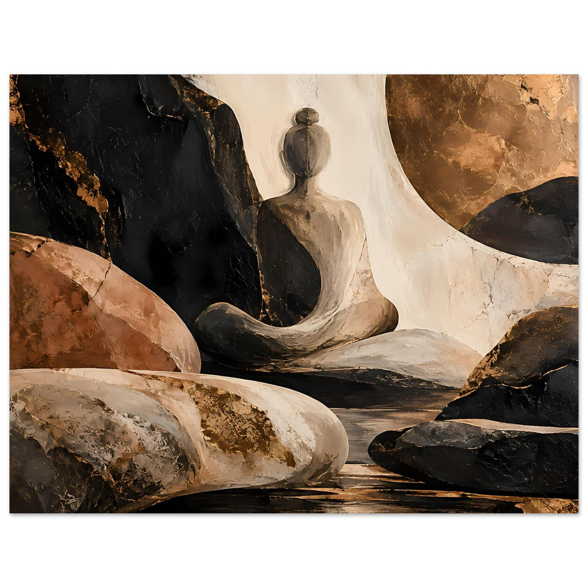 Meditatives Abstract-Poster mit ruhender Figur, warme Braun- und Schwarztöne, matt