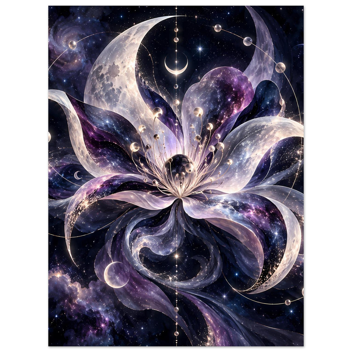 Kosmische Blüte mit Monden, Planeten und Sternen in violett-blauem Weltraum – Motivansicht 35