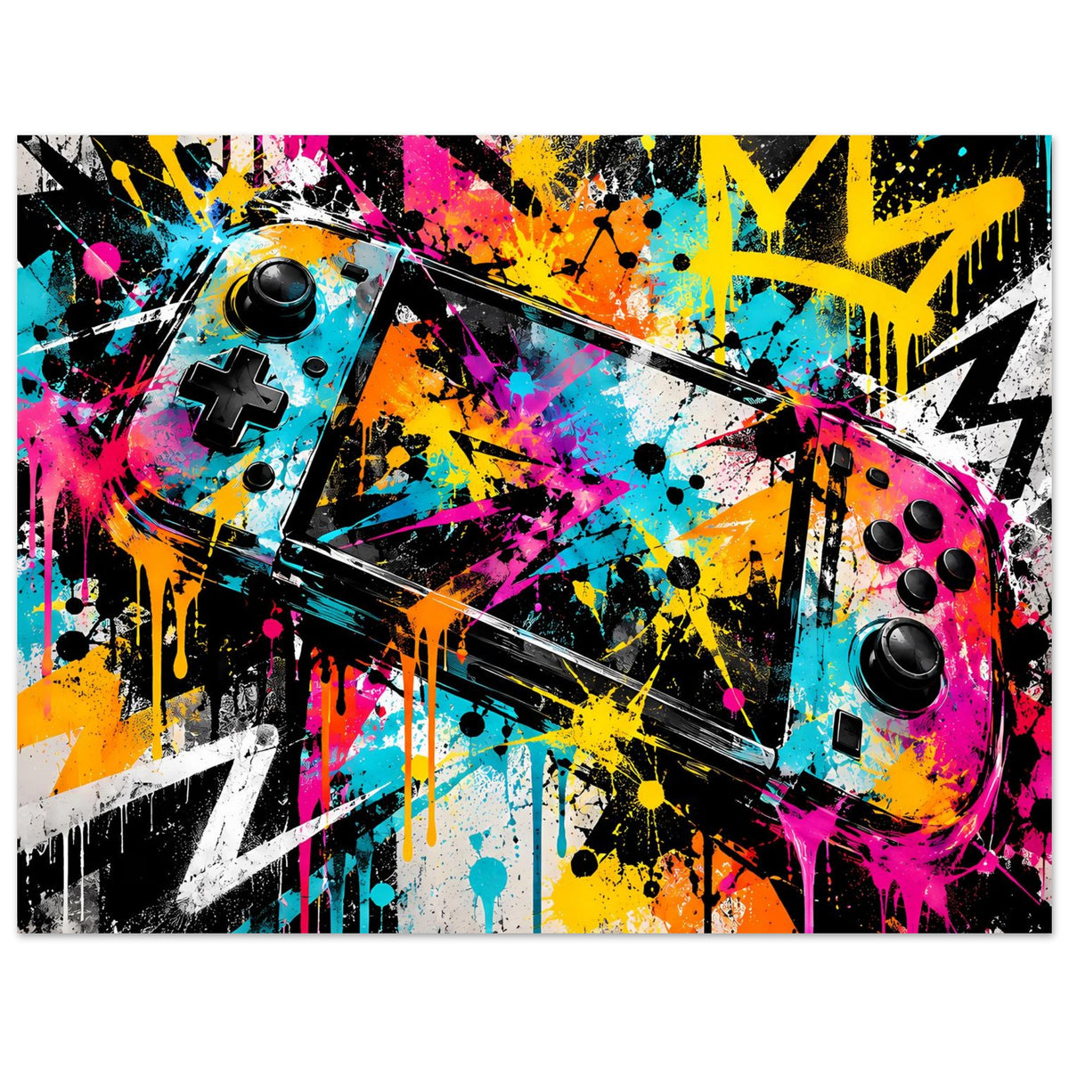 Horizontales Gaming-Graffiti-Poster mit Sprühfarben, Controller-Icons und Farbflächen