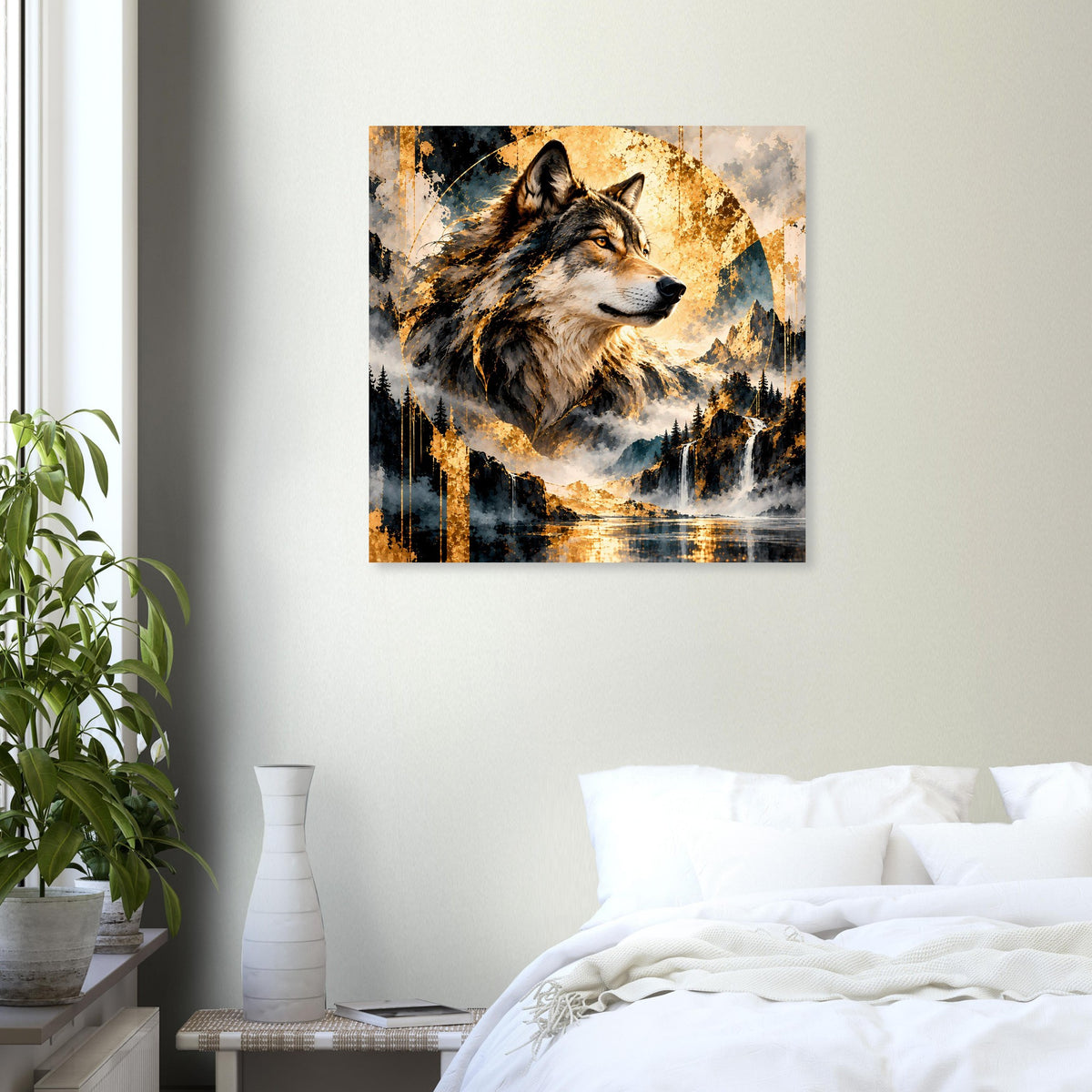 Wolfs-Poster mit goldenen Akzenten: Wolfsgesicht über Landschaft mit Bäumen und Wasser