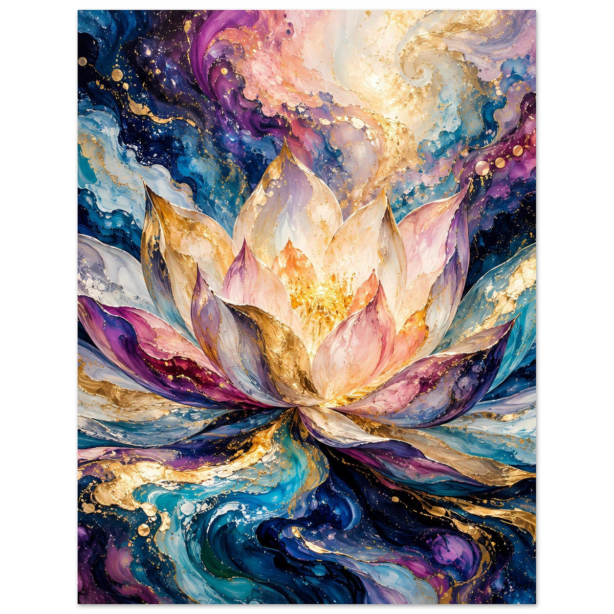 Blumenposter im Hochformat mit abstrakter Lotusblüte in Blau, Lila, Rosa und Gold