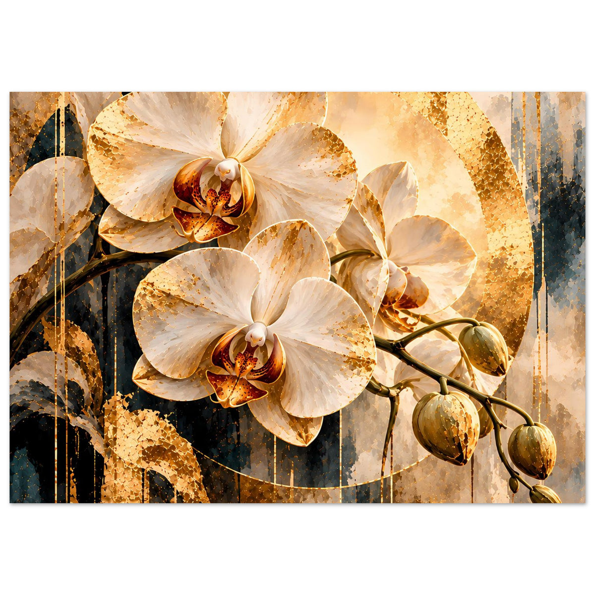 Orchideen-Kunstposter im Querformat: weiße Blüten, goldene Kreiselemente und braun-goldene Knospen