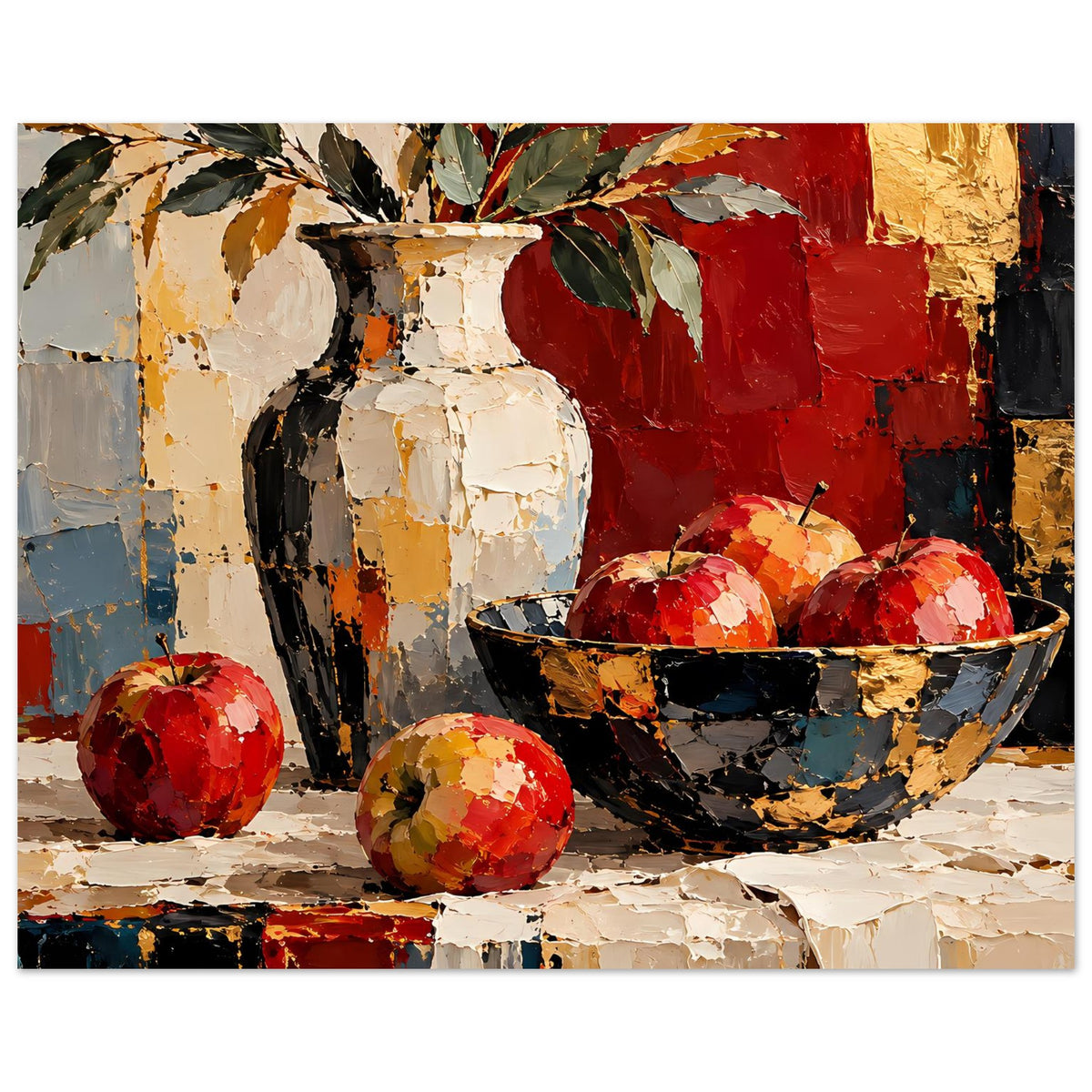 Kunstposter mit Stillleben: Vase mit Blättern, Schale und rote Früchte in Erdtönen
