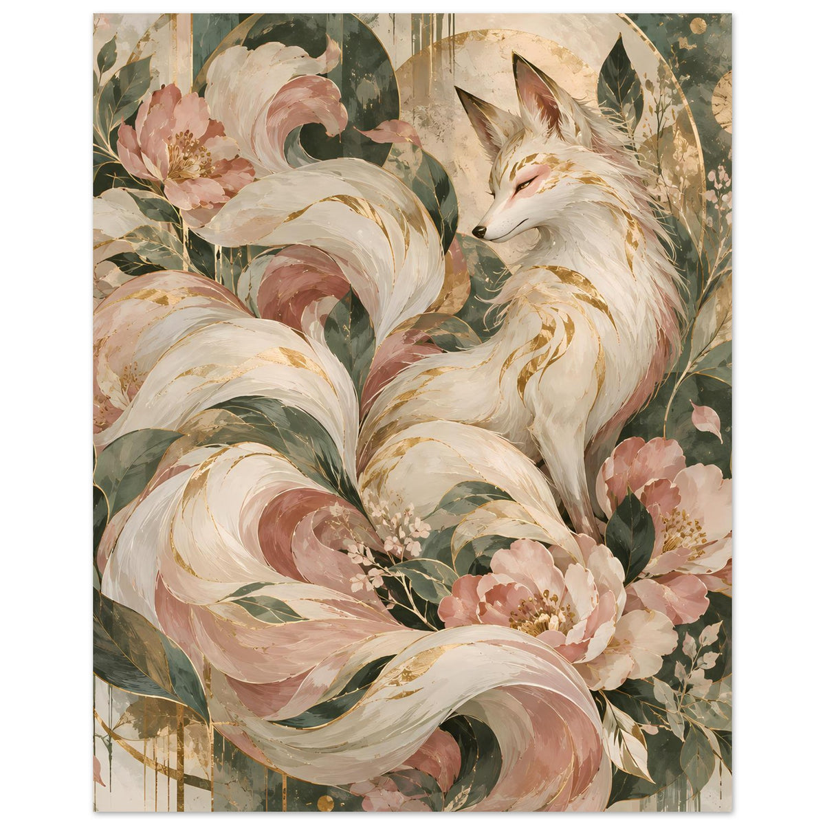 Poster mit Fuchsmotiv und Blumen in Rosé-, Grün- und Goldtönen