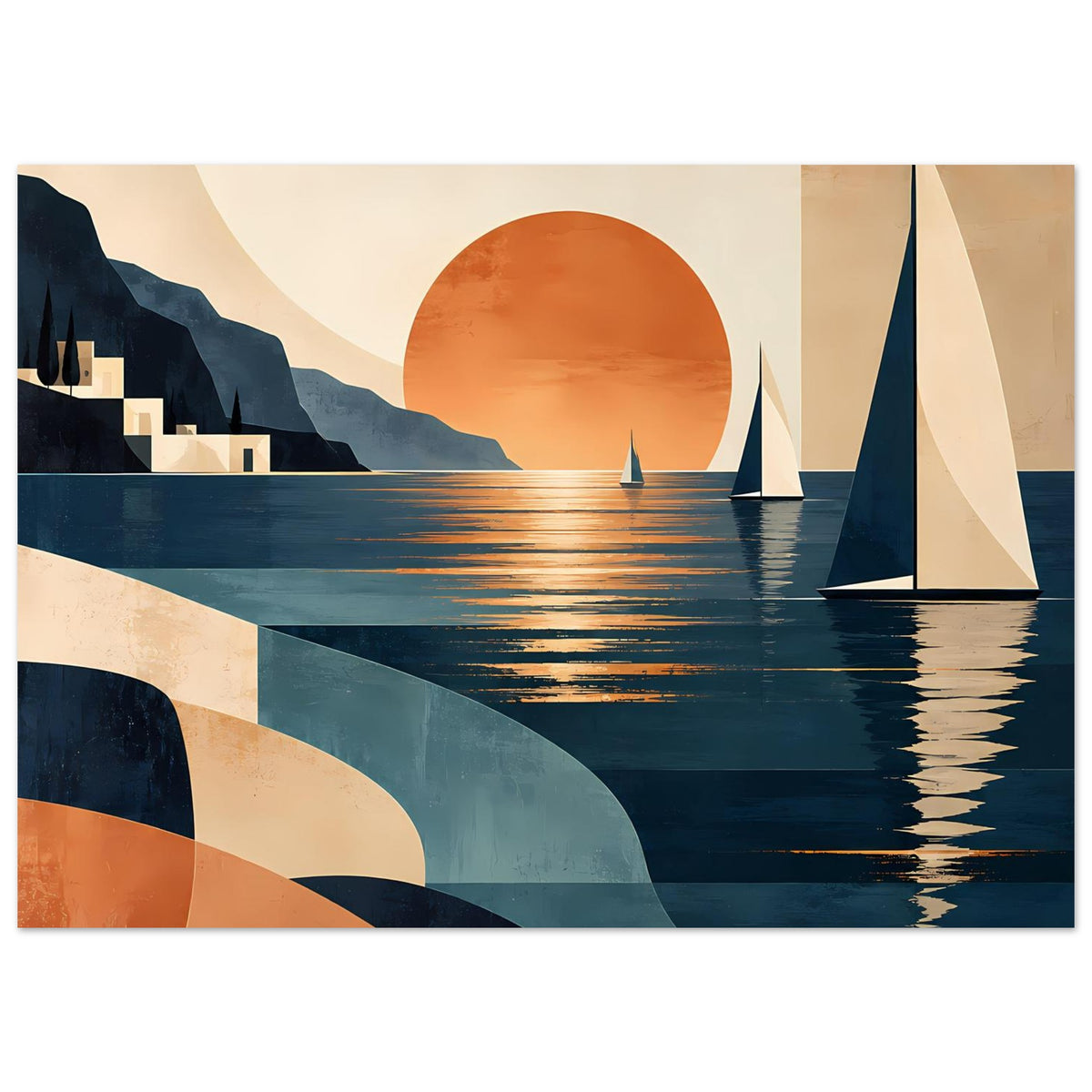 Horizontales Poster mit Segelbooten, orangefarbener Sonne und langen Lichtreflexen auf dem Meer
