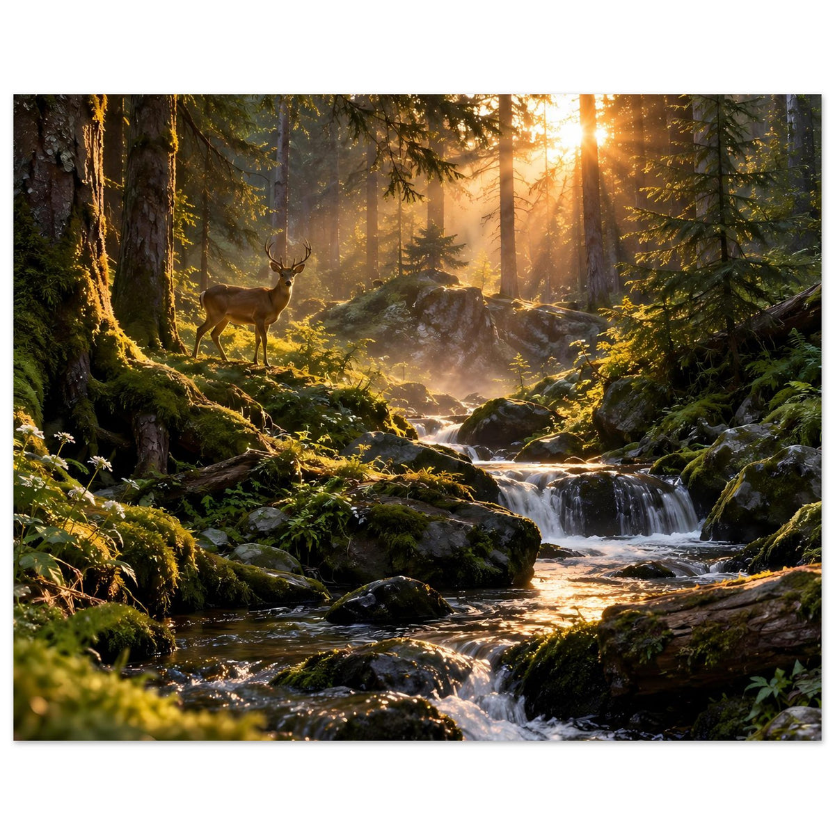 Poster mit Waldstrom, Hirsch und Sonnenaufgang zwischen hohen Bäumen